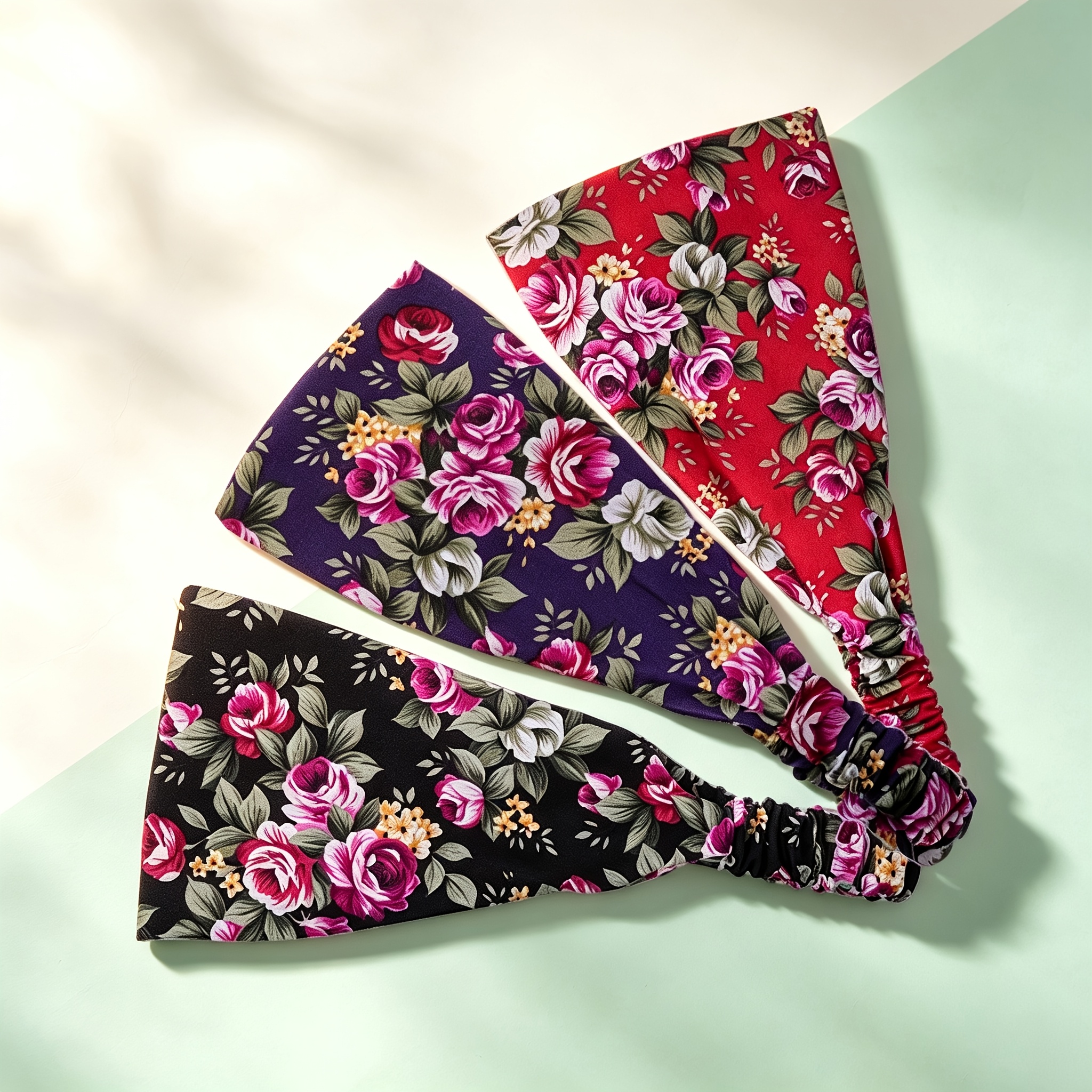 TEMU 3pcs Vintage Floral Wide Headbands For Women, Ruched Elastic Hair Wraps, Non-slip Boho Flower Print Hair Bands, Comfortable Hair Additions For