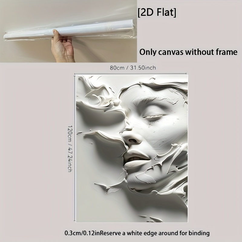 E-shop Großes Abstraktes Gesicht Leinwand Wandkunst - Rahmenlose Moderne Skulpturale Malerei 80x120 cm, Weißes Texturiertes Minimalistisches Design,