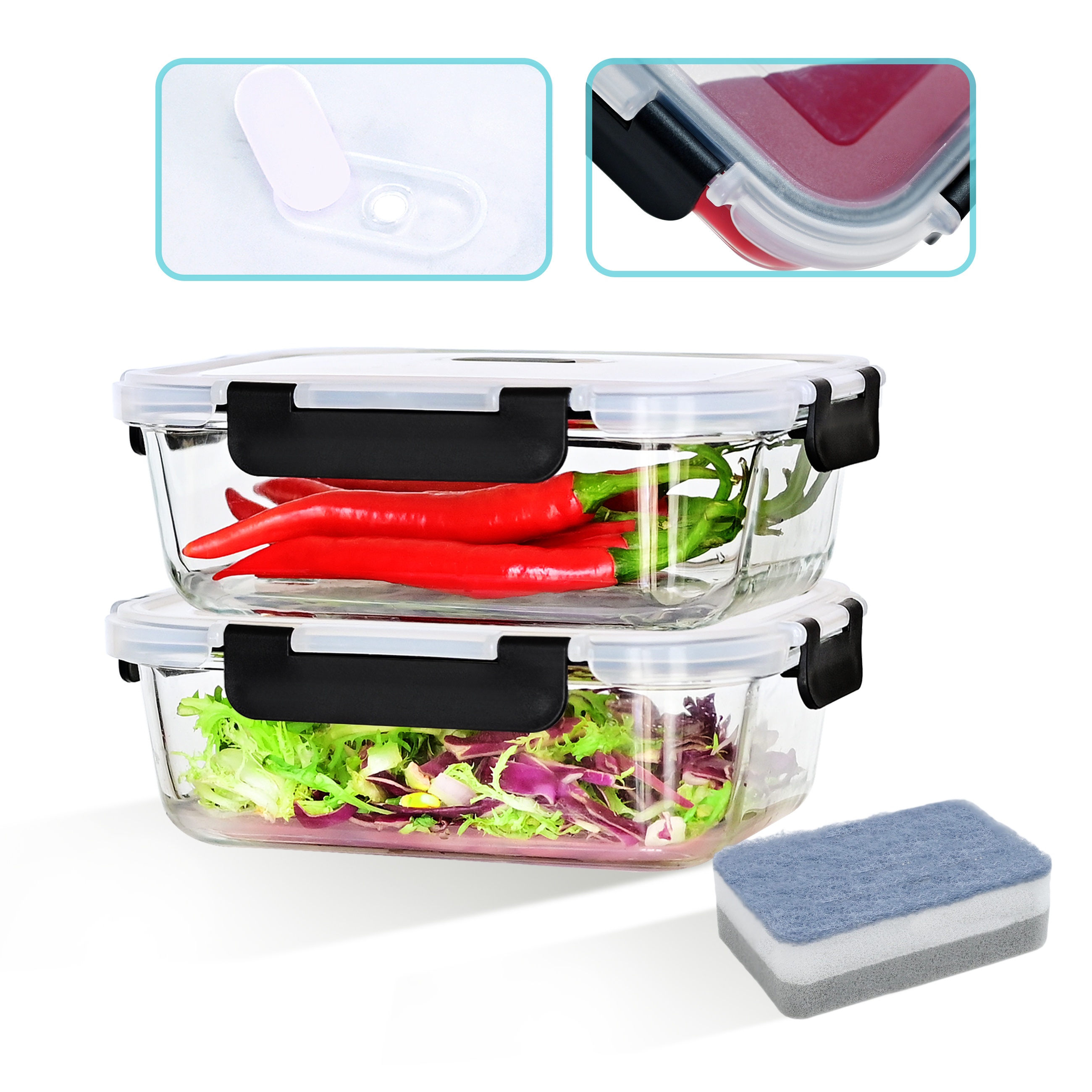 TEMU Lot de 2/4 Boîtes de Conservation Alimentaire en Verre de 1040ml avec Couvercles Verrouillables et Joint d'Étanchéité - Bocaux Hermétiques pour