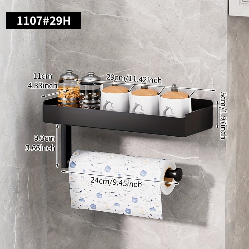 TEMU 1pc Wall-mounted Kitchen Paper Towel Holder (with Shelf) — Multifunctional Metal Spice Rack, Design; Stores Paper Towel Rolls And Spice Jars;