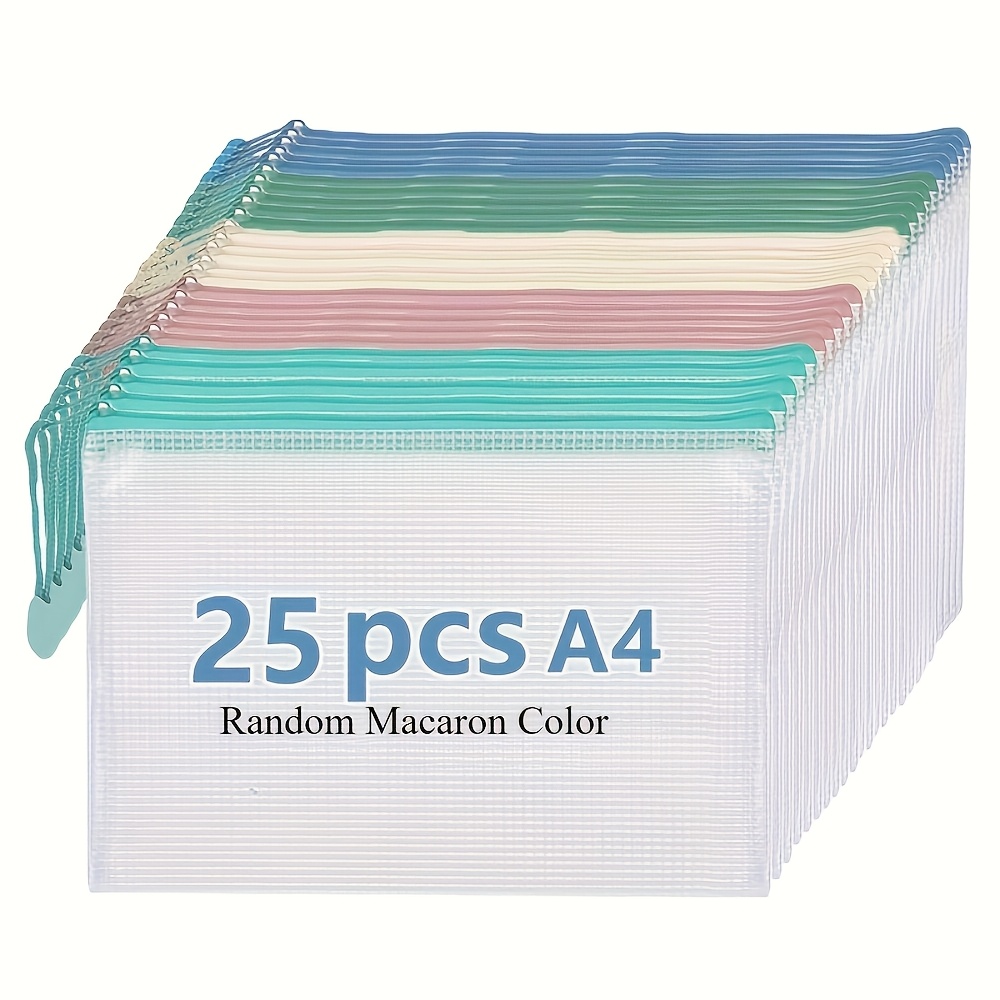 TEMU 25pcs Pack 5-color Macaron Mesh Zipper Bags - A4 Size Organizer For Classroom And Office Supplies | Plastic Document Storage Pouches, Random