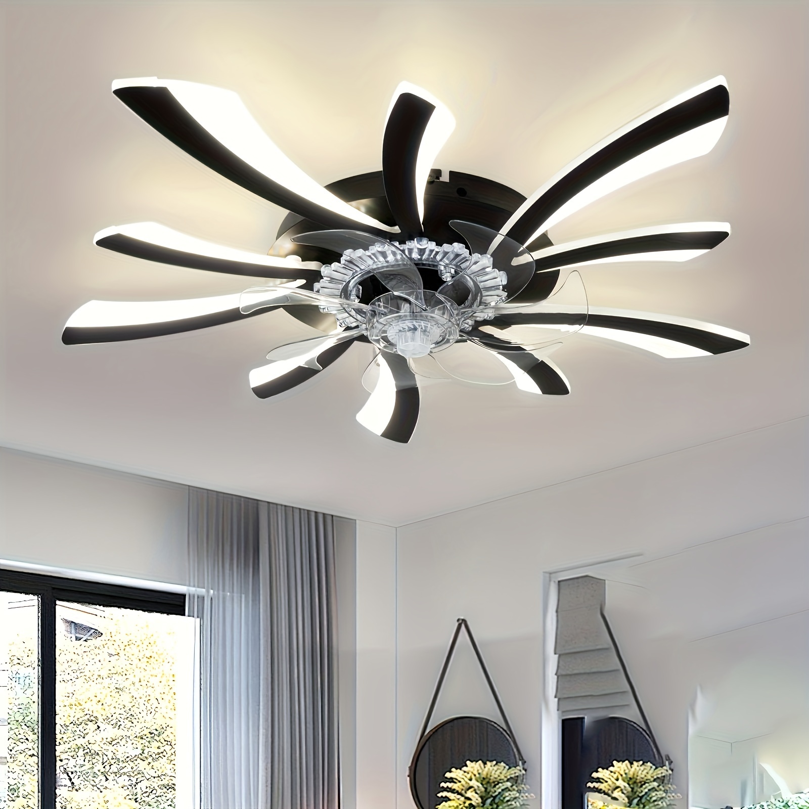 1pc ceiling fan with smart led light 6 color dimmable semi flush mount acrylic material commercial lighting for living room bedroom kitchen dining cafe installation hardware hardwired 85v 265v details 0