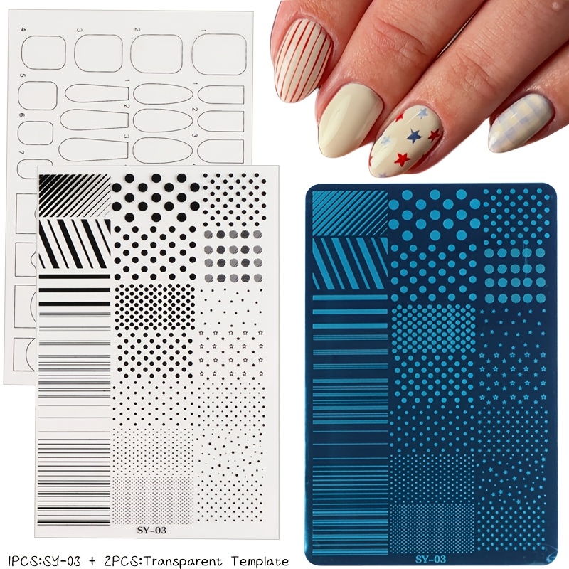 TEMU Plaque de stamping pour nail art à motif à pois et rayures de style polyvalent, motif géométrique minimaliste avec rayures, pois, , pochoir de