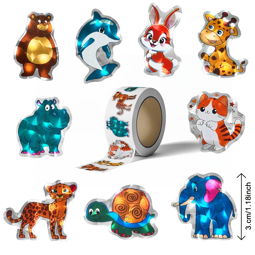 TEMU 300 Sheets/roll, Roll-fed, Pet Holographic Laser Animal-themed Stickers, 3.0cm/1.18 Inch Irregular Die-cut Glitter Self-adhesive Stickers,