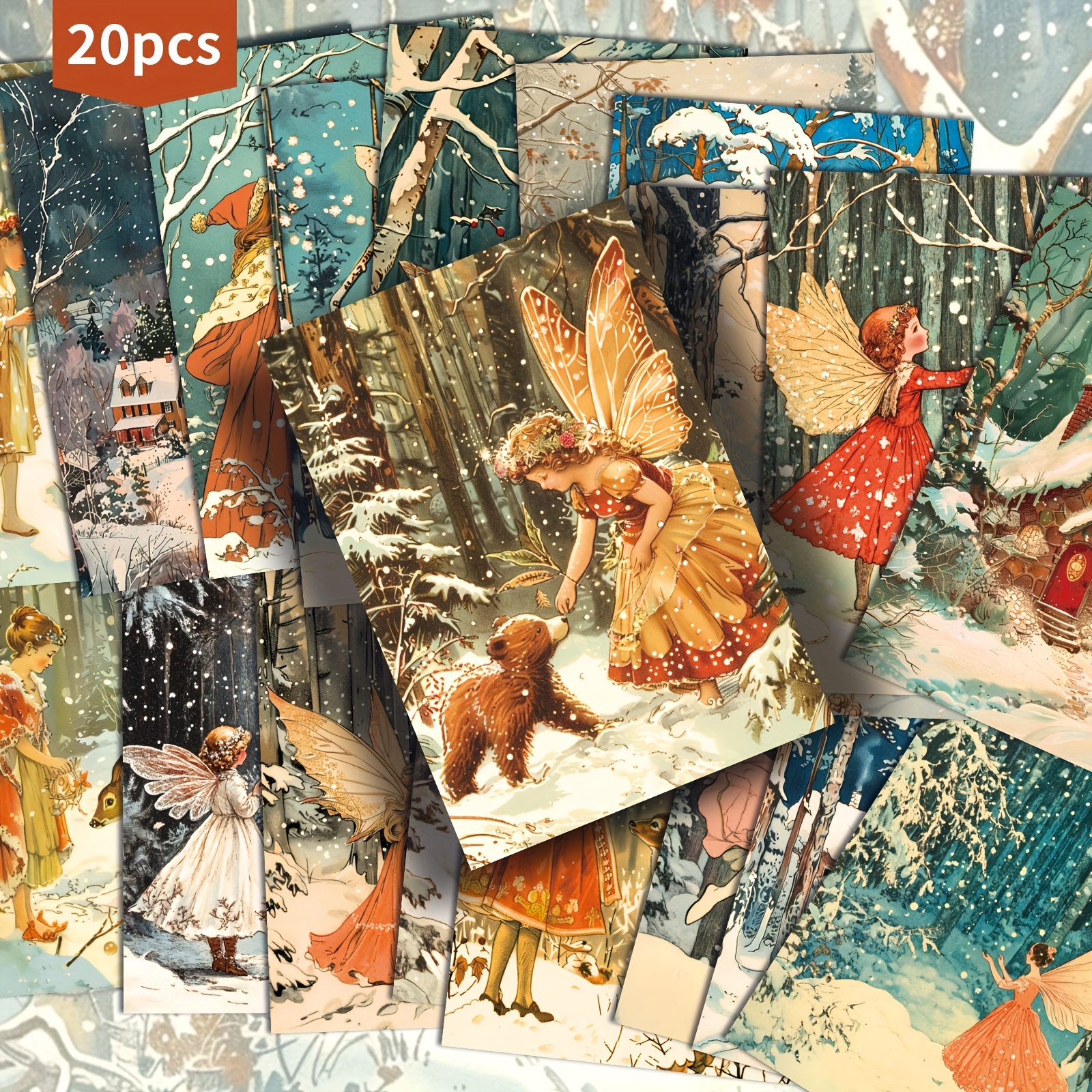 Image of Set Of 20 Vintage-style Postcards Featuring Winter Fairy Forest Themes, Measuring 4x6 Inches. Retro Illustrations Are Perfect For Junk Journals, Scrapbooking, And Crafting Projects