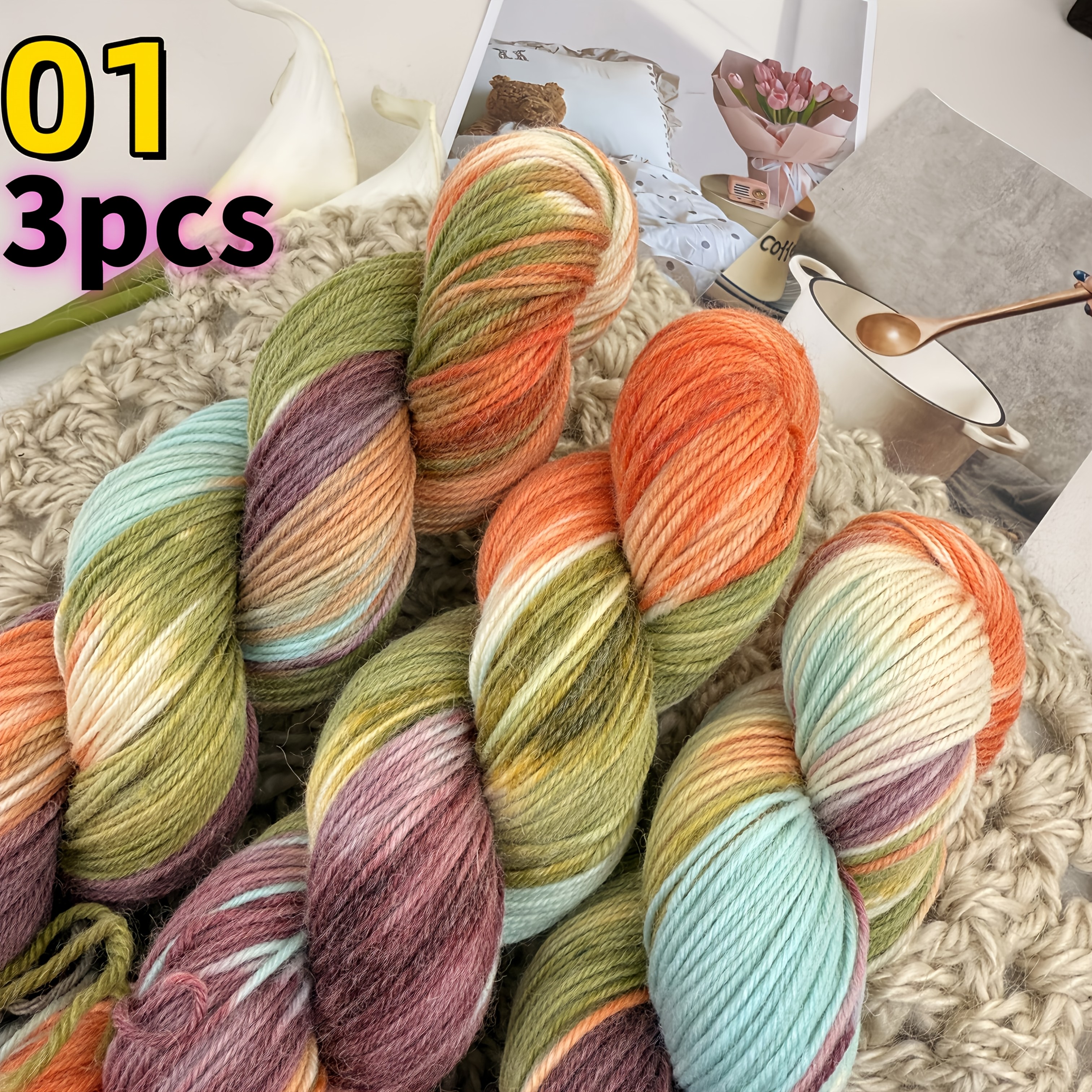 E-shop [3er-Set] Leichtes, luxuriöses, handgefärbtes Wollgarn, Merinowolle 90% Nylon 10%, weich und bequem, mehrfarbig und lebendig, geeignet zum