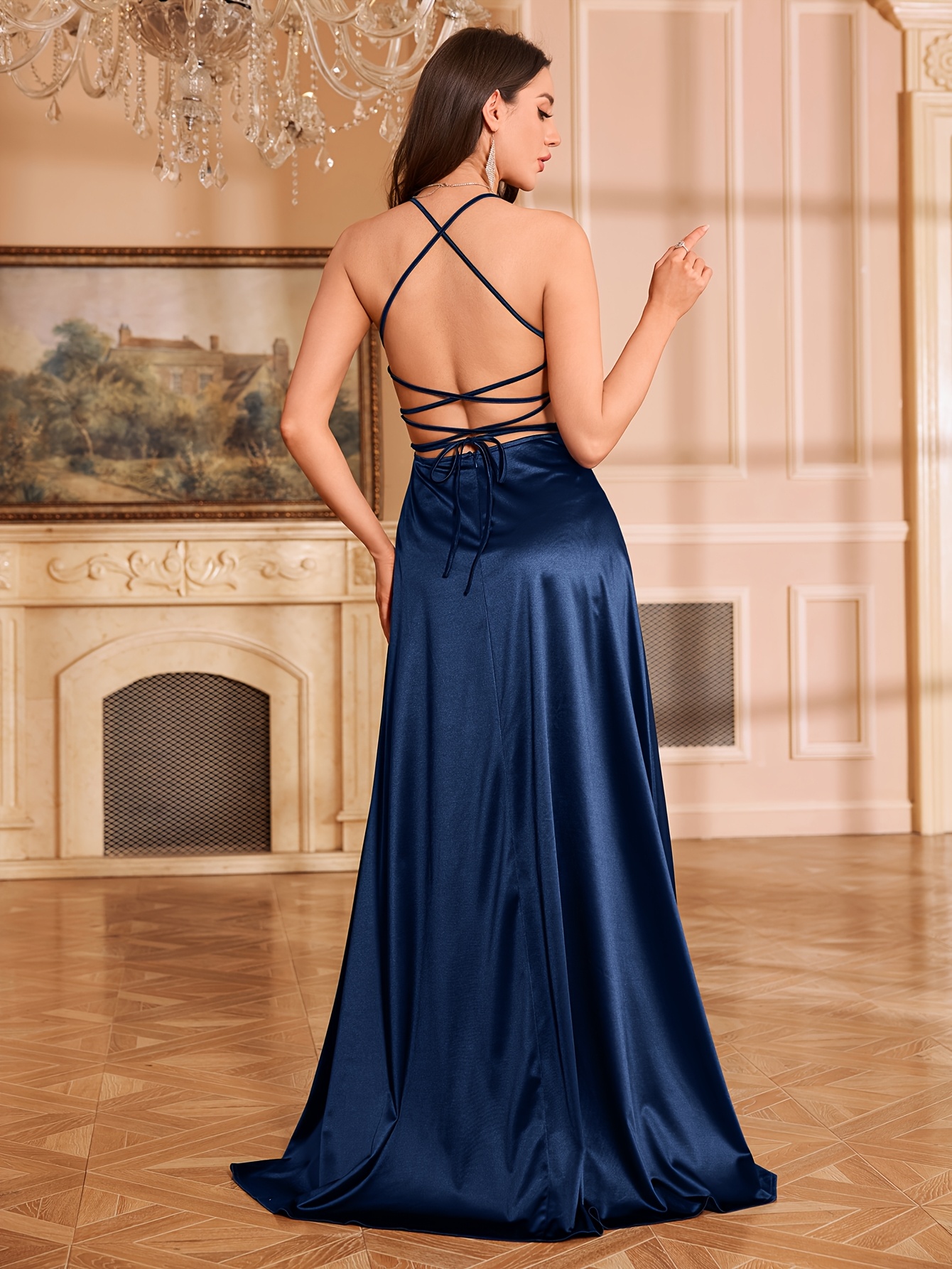 cross backless strap satin dress slit party - Temu