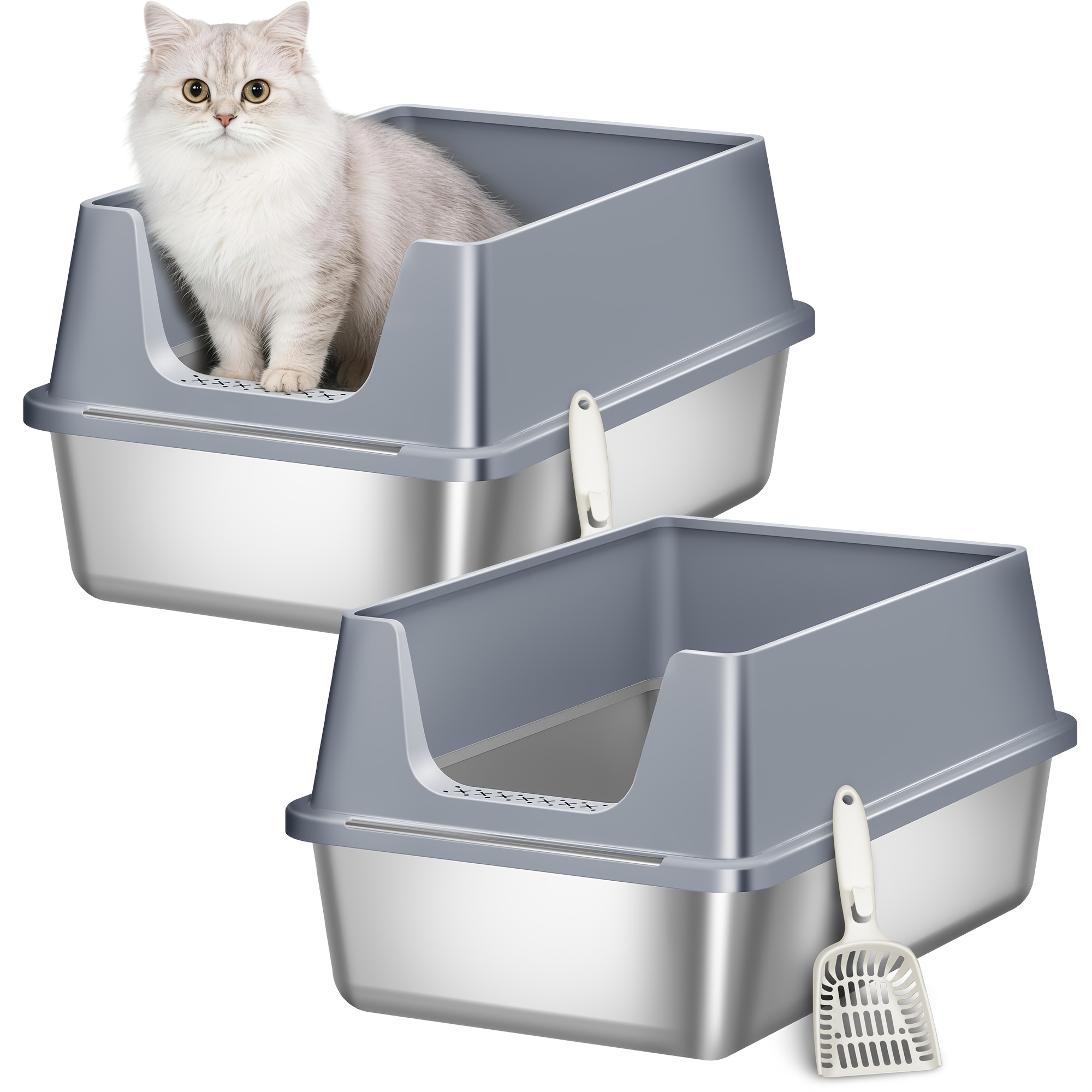 TEMU 2-pack Stainless Steel Cat Litter Tray, Xxl Large Capacity Metal Litter Pan, High-sided Enclosure With Scoop, Easy To Clean, 60.5l X 40w X 29h