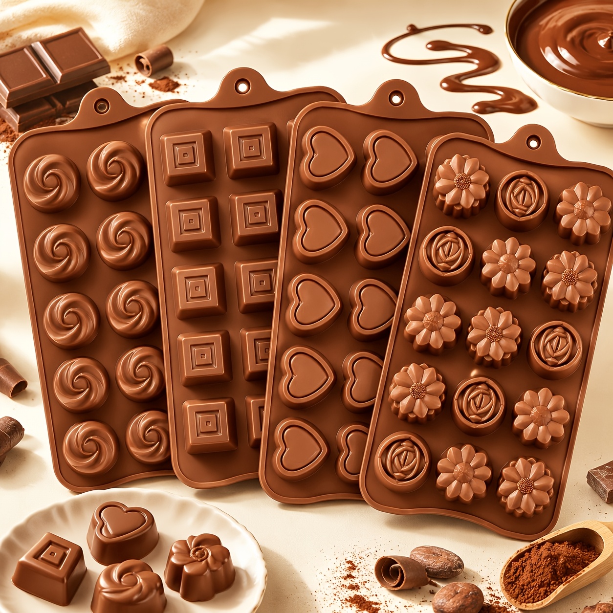 TEMU 4-pack Silicone Chocolate Molds | 3d Heart, Flower, Square Iced Candy Molds, Jelly, , Truffle, Creative Cube Molds For Cakes | Reusable Kitchen