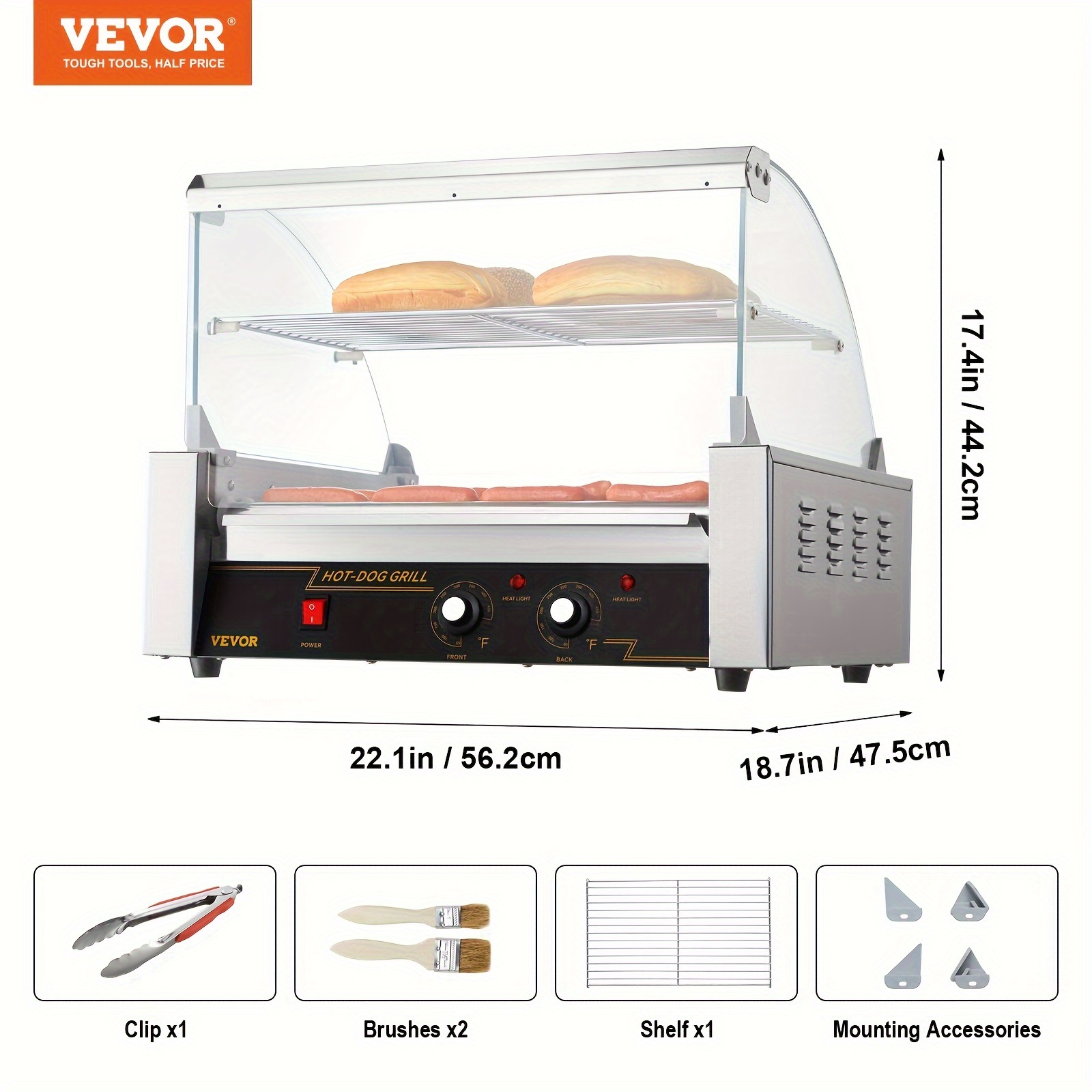  hot dog roller 11 rollers 30 hot dogs capacity 1650w stainless sausage grill cooker machine with hood acrylic cover bun warmer shelf removable drip tray etl certified details 6