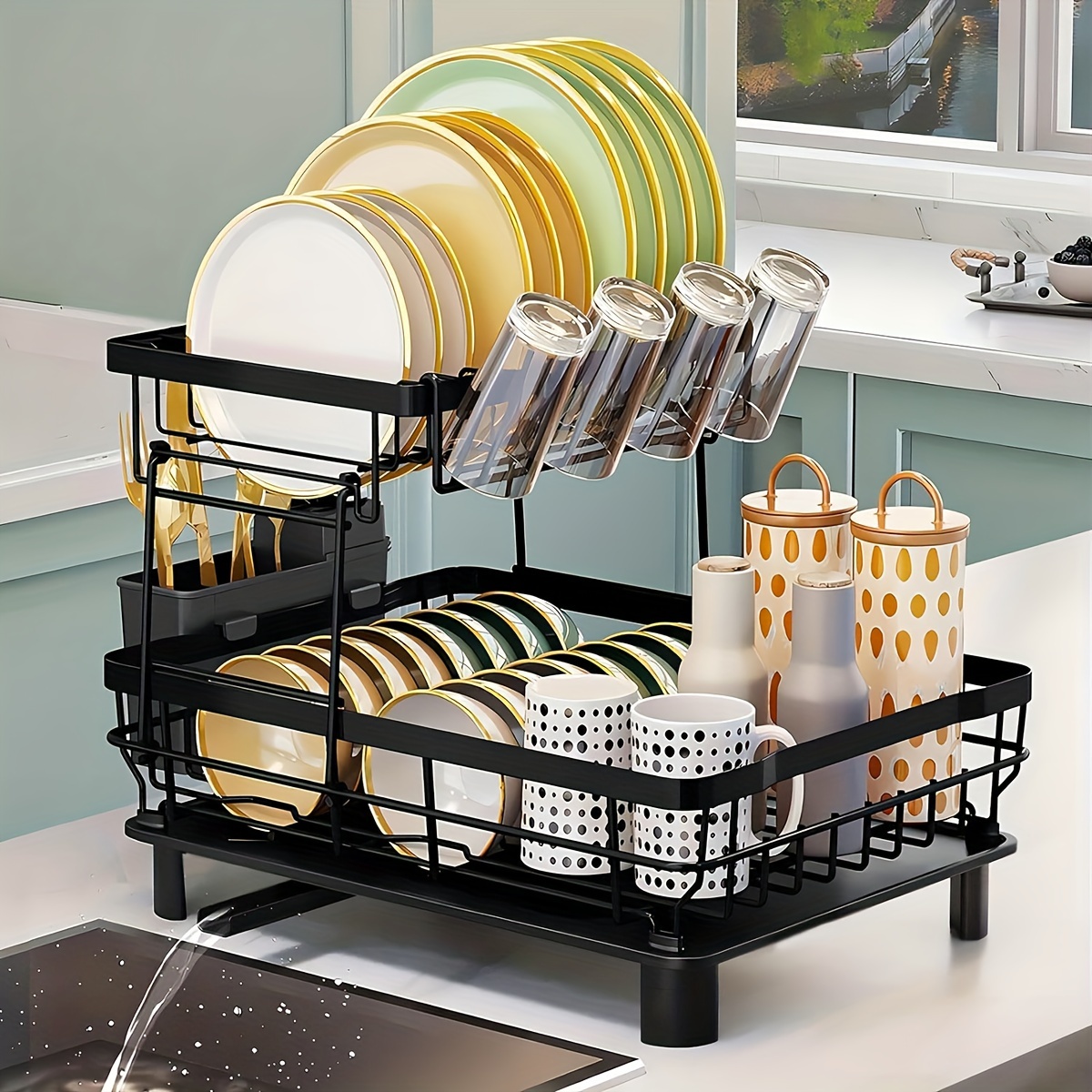 

2-layer Bowl And Dish Drying Rack Suitable For Kitchen Counter Metal Bowl And Dish Drain With Knife Cup Tableware Rack