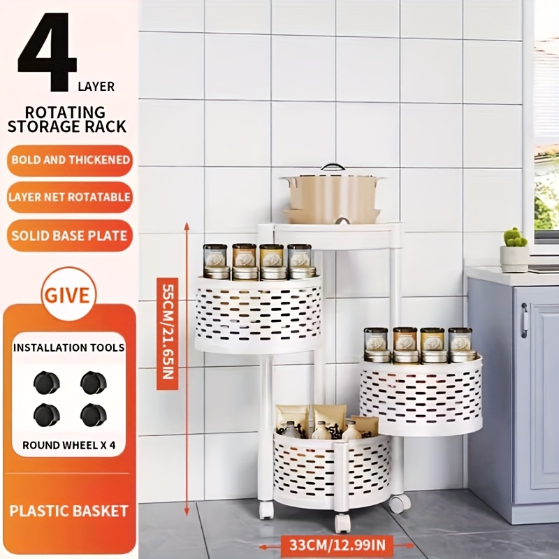 TEMU 1개 둥근 회전식 주방 선반, 4단/5단, 금속 및 플라스틱 결합, 분리 가능, 바퀴 달림, 바닥 장착, 플라스틱 재질, 큐비 선반, 주방 및 욕실용|욕실선반|화장실선반