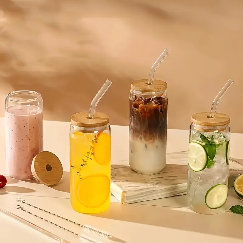 6pcs 18 6oz bamboo lid glass mason jar cups with reusable straws cleaning brush leak proof iced coffee tea cocktail cups for home parties holidays christmas halloween thanksgiving gift for him her Product details 1