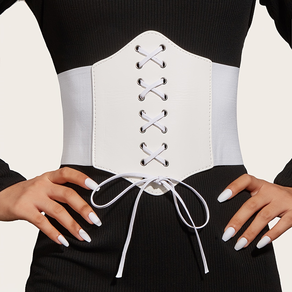 Black Women Waist Cincher Corset Wide Waistband Leather Elastic Tied Waspie  Belt 