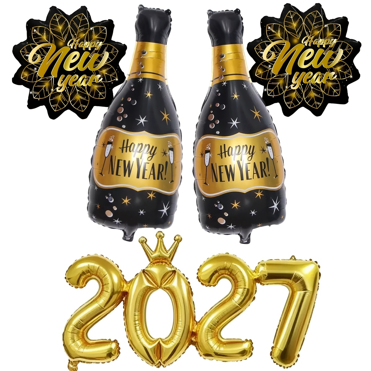 TEMU 5pcs Set: 1pc Crown Number 2027 Black And Golden New Year Wine Bottle Five-pointed Star Party Balloon Set For New Year's Eve Celebrations,