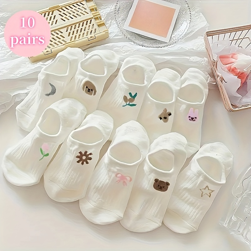 Image of 10 Pairs Socks Women's Boat Socks, Cute Cartoon Patterns, Summer Thin Low-cut Short Socks, Shallow Mouth Invisible Socks Non-showing Socks, Socks White