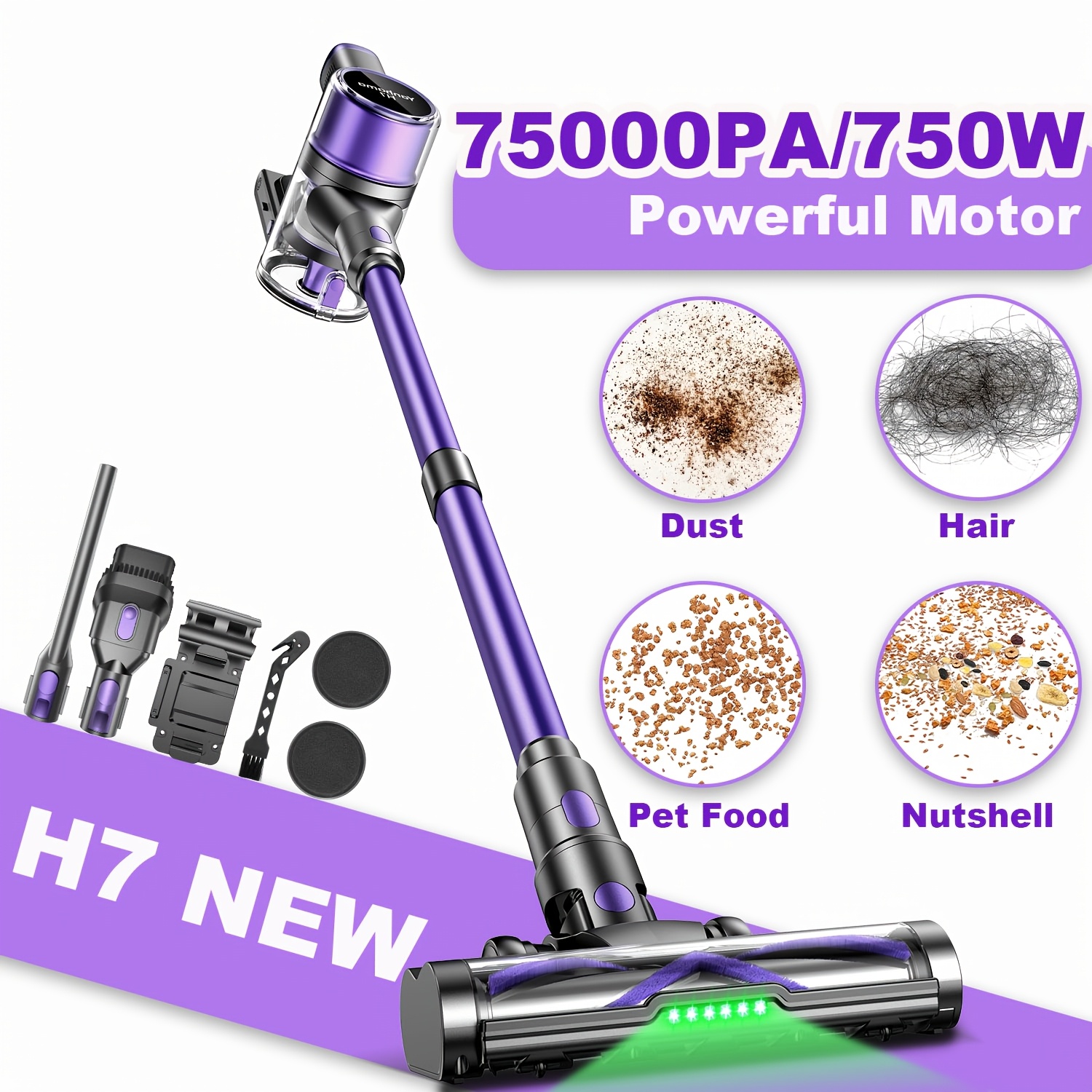 E-shop 75KPa/750W Super-Saugkraft! Yanhama H7 Akku-Staubsauger mit 4D-Turbinenbürste, mehrschichtiger Filterung, unverzichtbar für Haustierfamilien,