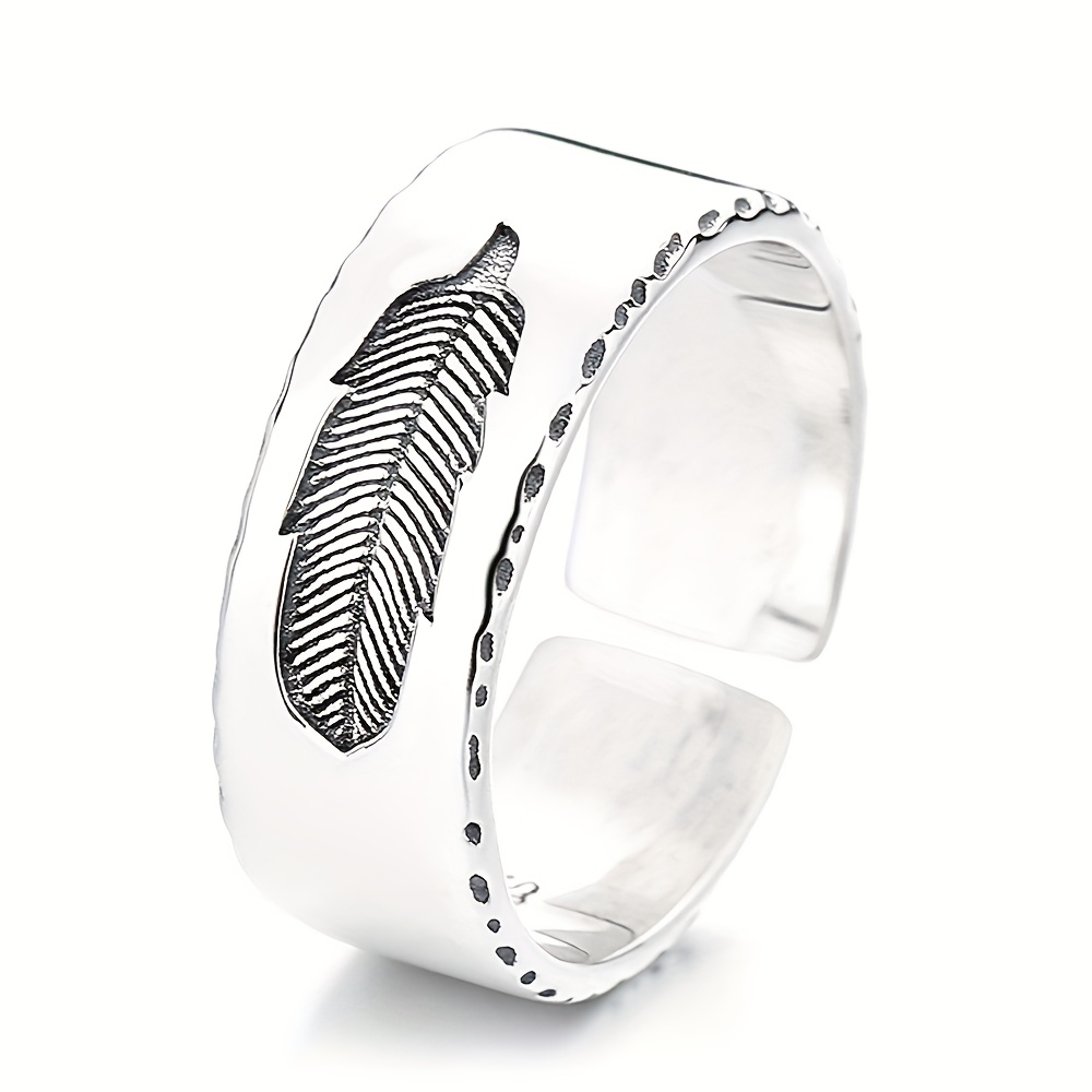 TEMU 1pcs925 Sterling Silver Low Sensitivity Wide Edition Heavy Work Texture Feather Hip Hop Retro Style For Rock Party Bundy Men's Women's Universal (about 5.6g)