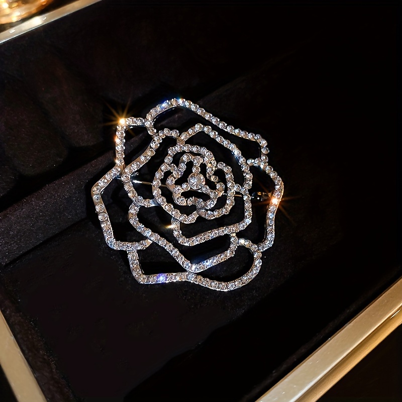Fashionable And Elegant Hollow Rhinestone Camellia Flower Brooch, High-end Rose Flower Corsage