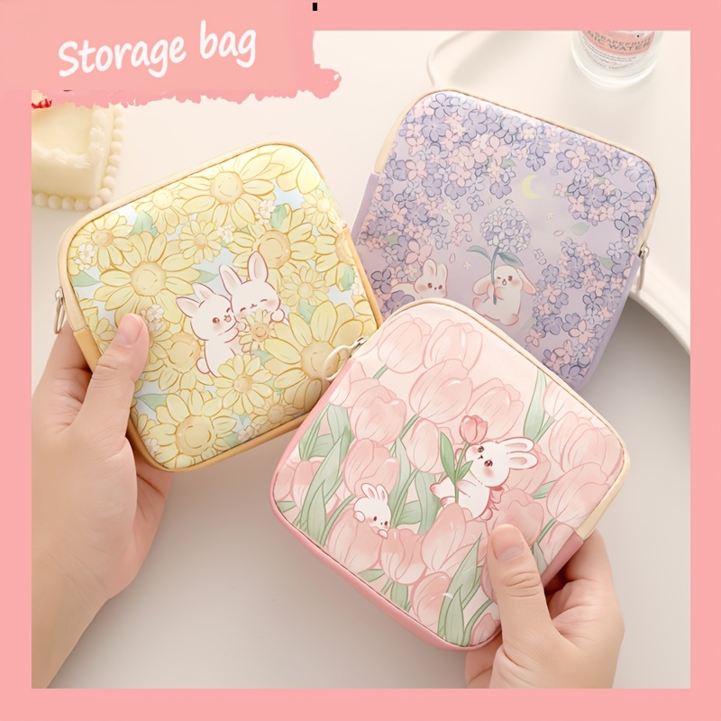 TEMU Cute Cartoon Oil Painting Portable Coin Purse, Headphone And Data Cable Storage Small Bag, Lipstick Pouch, Large Capacity Convenient Menstrual Bag For Women
