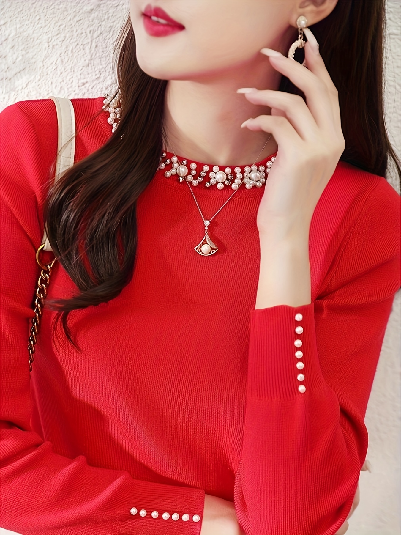 Damen Perlenpullover Langarm Rundhals Perlenknopf-Front Pullover Top,  Ganzjahres-Bluse für Casual Mitteldehnbar Einfarbig  (Handwäsche/Reinigung)