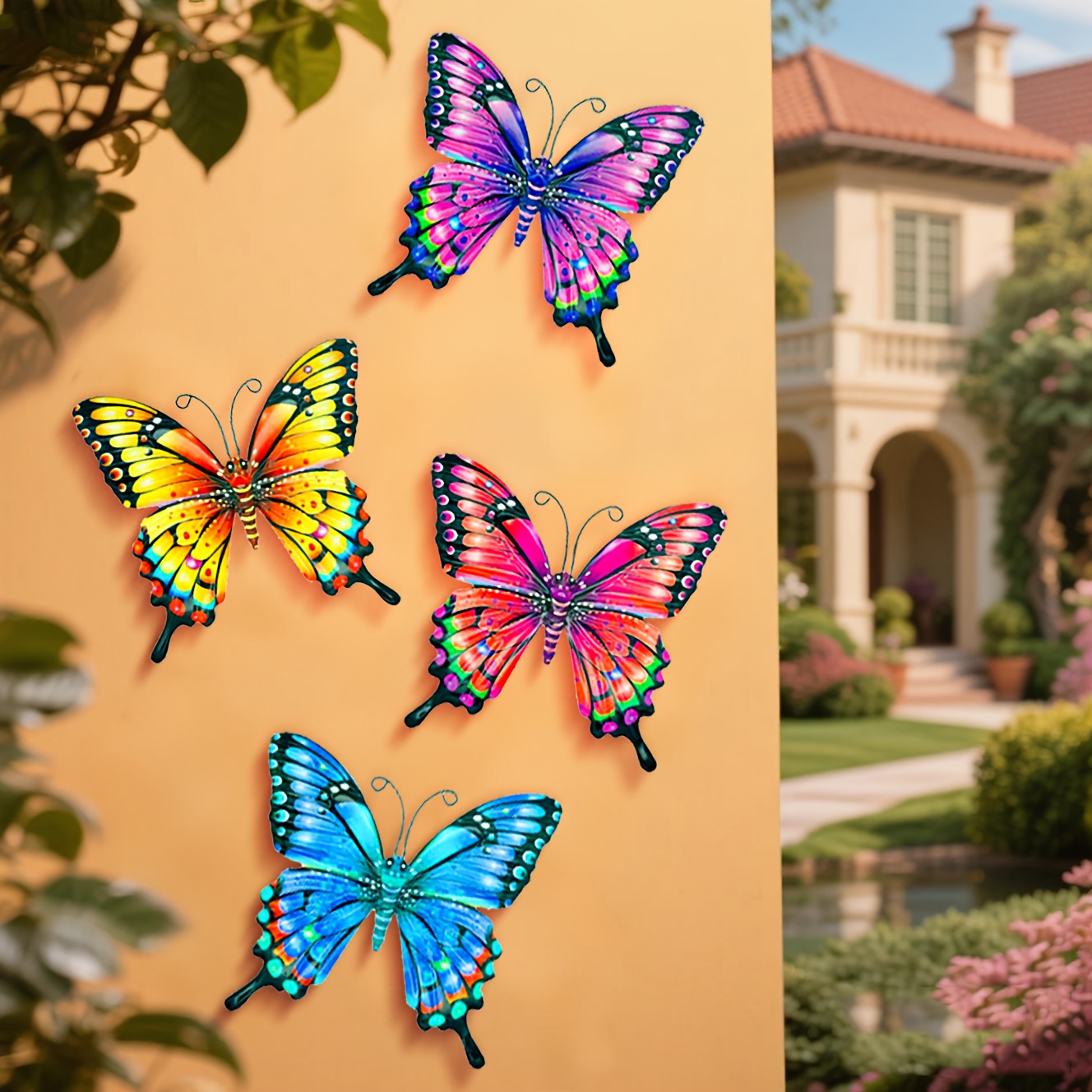E-shop 4er-Set Bunte Metall Schmetterling Wandkunst, Eisen Ornamente, Geeignet für Garten, Hof, Wohnzimmer, Schlafzimmer, Terrasse, Balkon - Kein