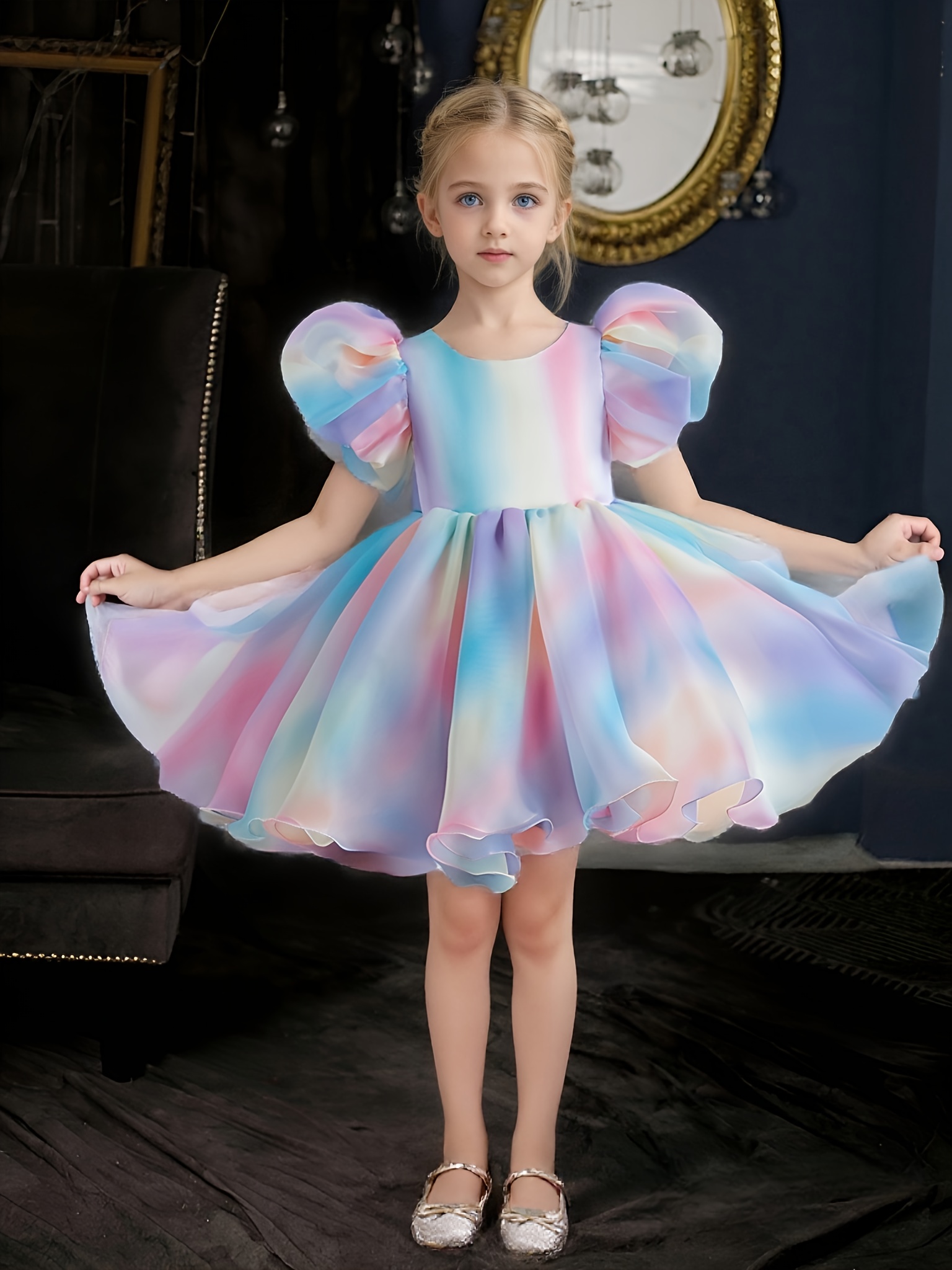 open lace back dress Short Puffy Sleeves Yellow A-line Short Princess Dress – Ohmollydress main image 1