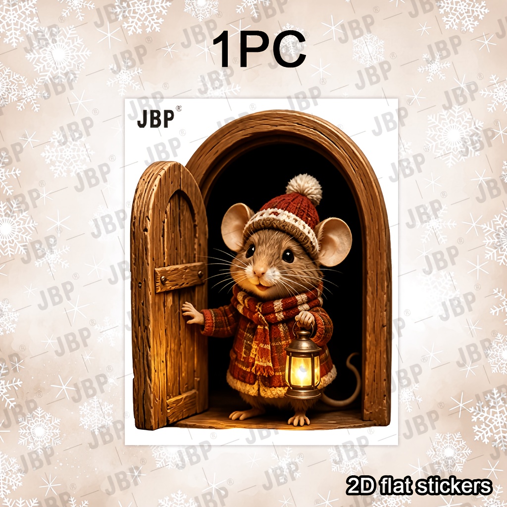 TEMU 1pc Cute Christmas Mouse Wall Sticker Glossy Animal Decor Decal Removable No Residue Self Adhesive Sticker For Living Room Bedroom Wood Floor
