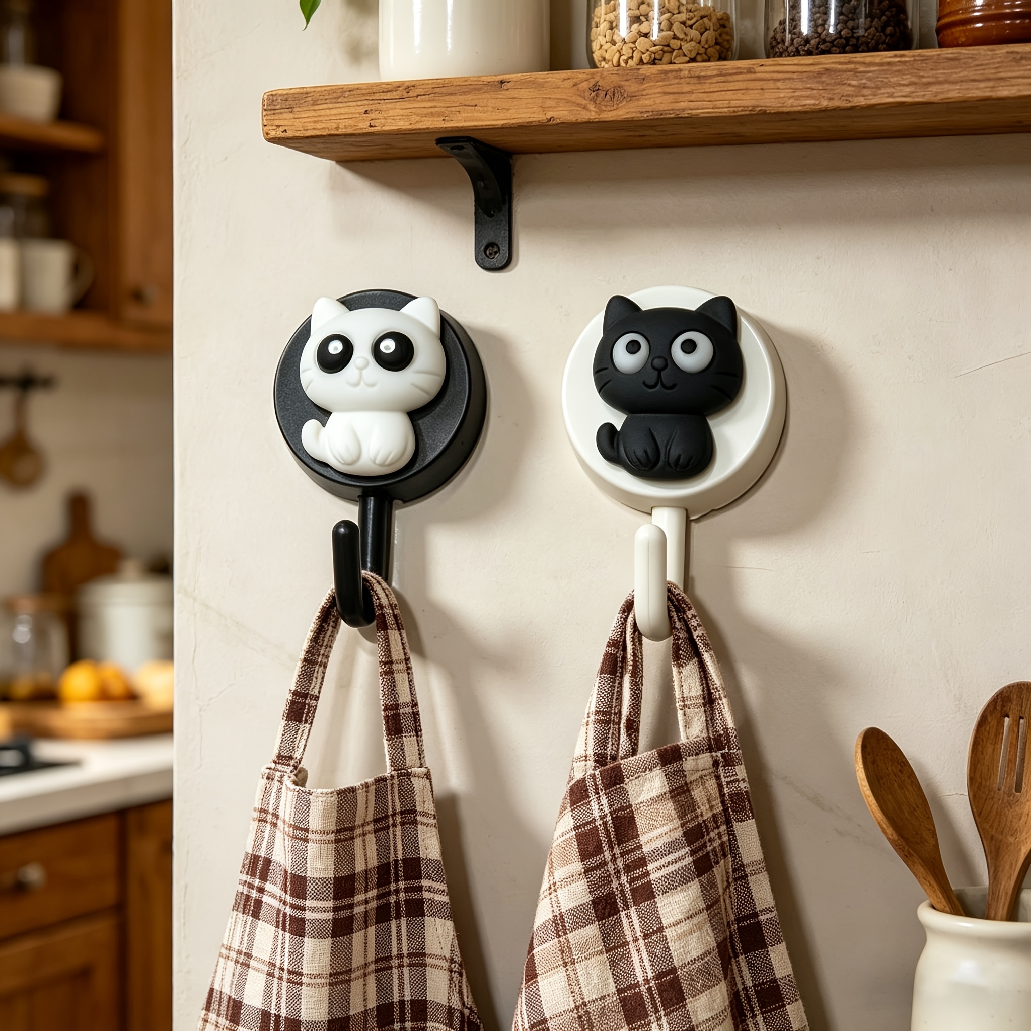 TEMU 2pcs Cat-shaped Wall Hooks Adhesive Suitable For Walls, -free Removal, Non-slip Suitable For Bathroom, Kitchen Storage, Kitten Decor For Cat