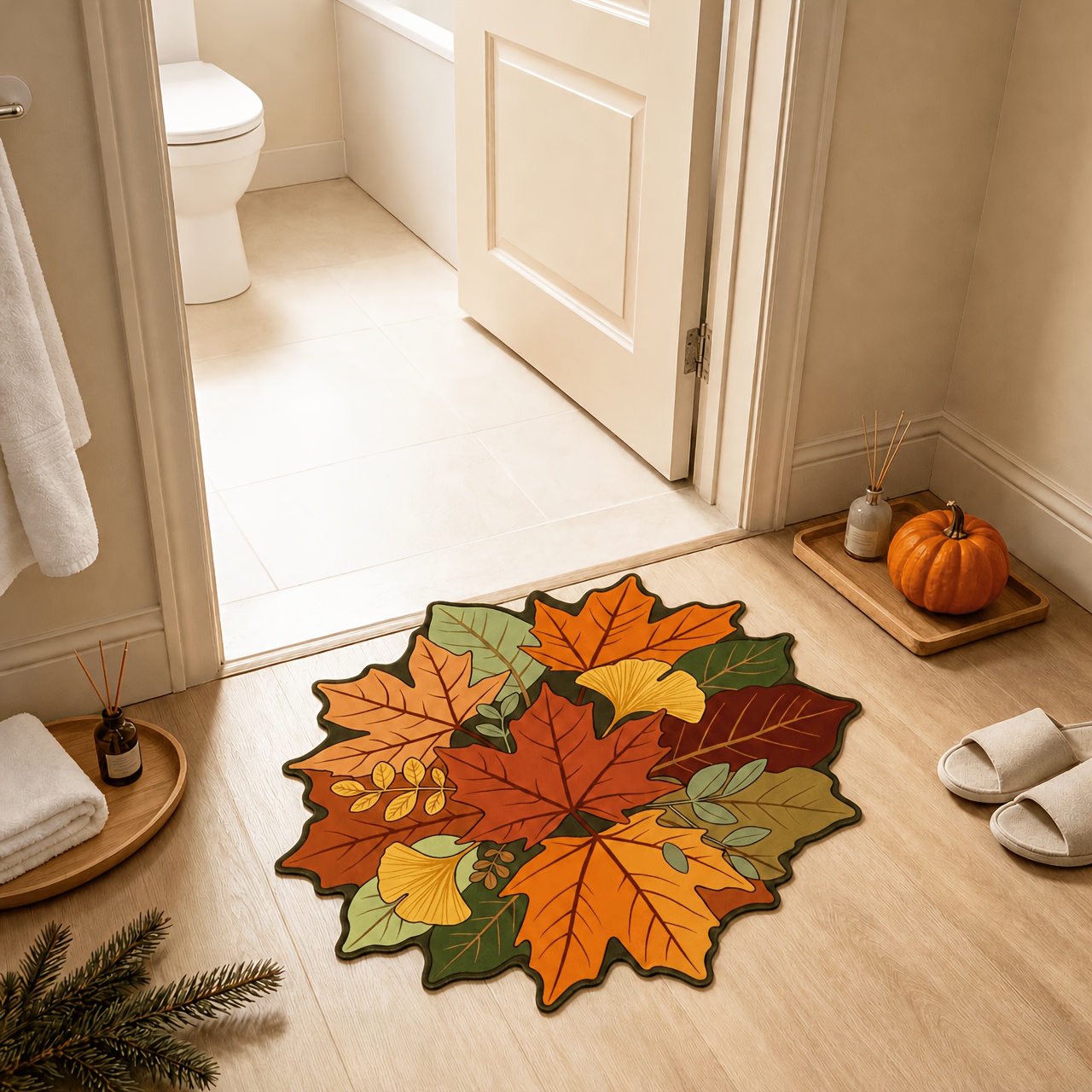 TEMU Doormat 1pc Velvet 850g/㎡ 9mm Door Mat, Thin Plush 2d Printed Non-long Pile Autumn Maple Ginkgo Shape Indoor Anti-slip Mat Retro Thanksgiving