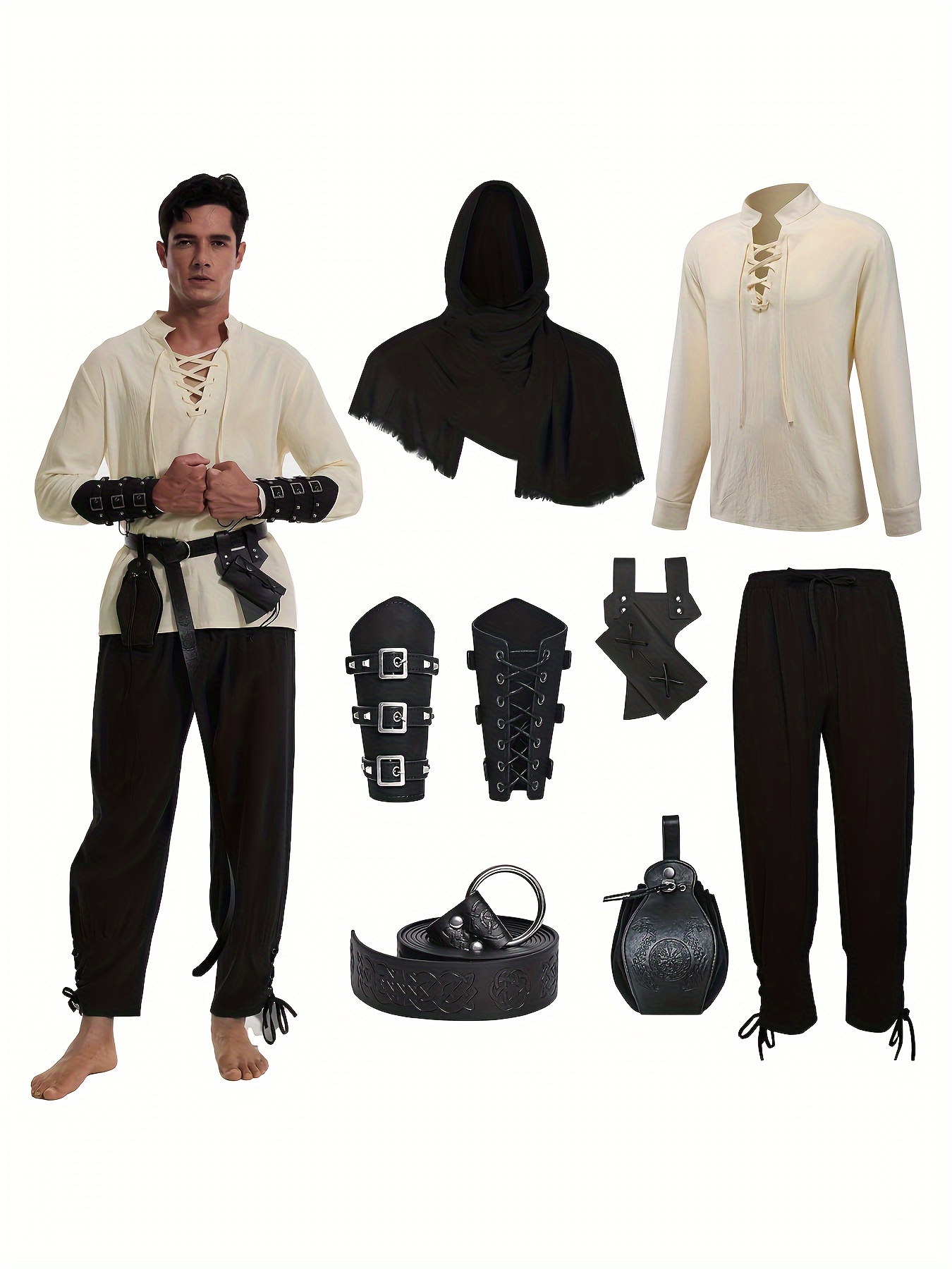 メンズ】海賊衣装 7点セット。中世 風シャツ バンド付きアンクル丈