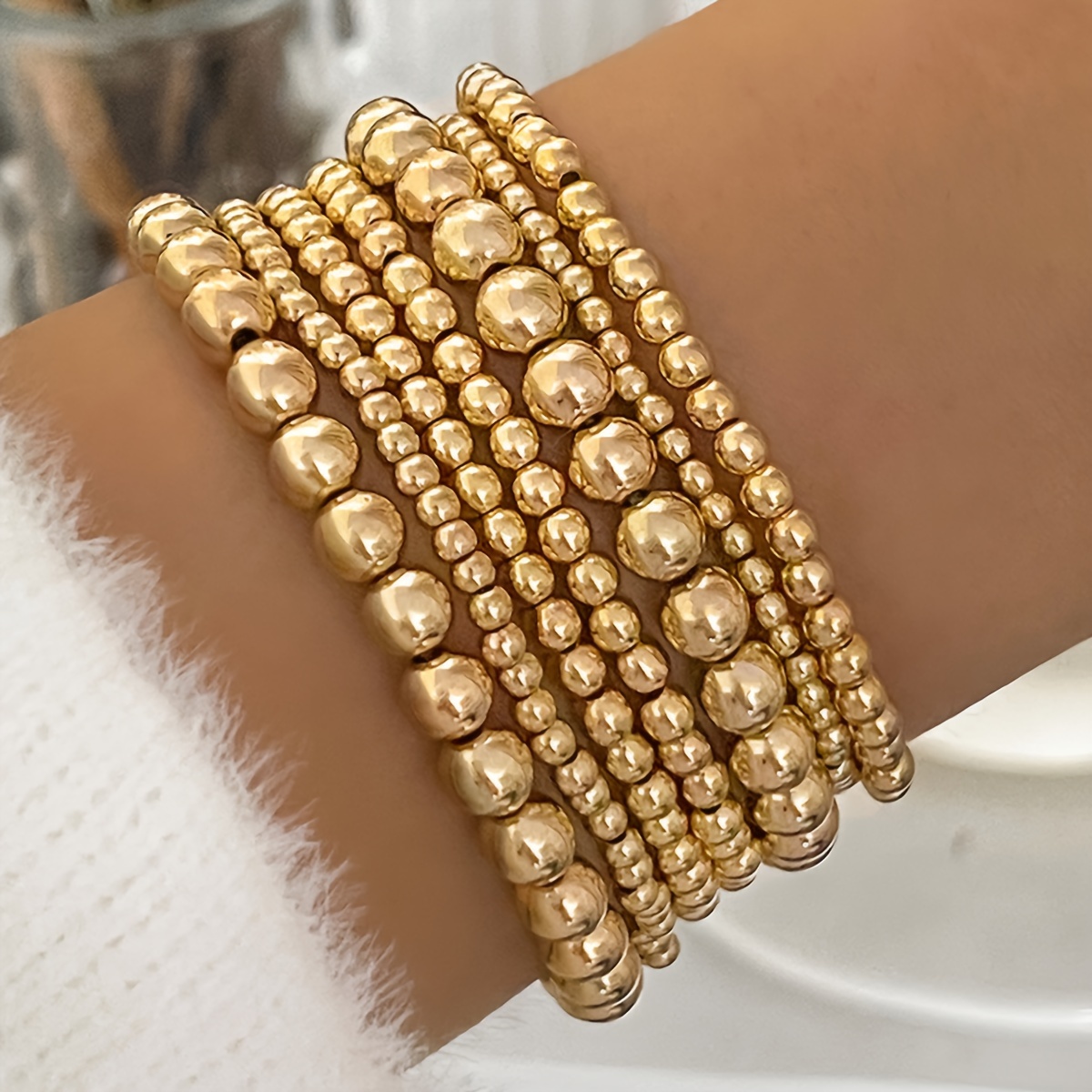 

7 Pcs Set Of Tiny Round Golden Beads Design Bracelet Zinc Alloy Jewelry Elegant Leisure Style For Women Stackable Hand Decor