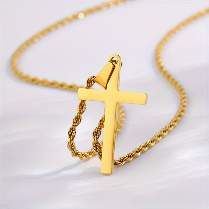 Image of Fashion 18k Golden Plated Stainless Steel Cross Pendant Necklace, Unisex Minimalist Polished 316l Stainless Steel Religious Jewelry, Durable Chain - Perfect Accessory Gift For Men And Women