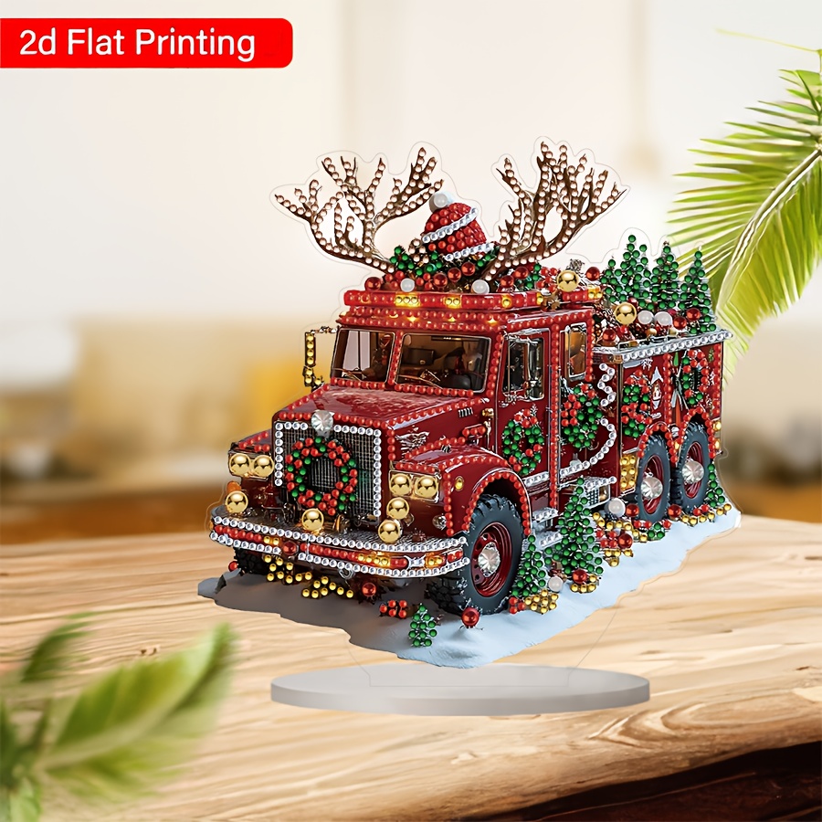 

1pc 2d Kit, Christmas Fire Truck Design With Irregular Shaped Acrylic Diamonds, Diy Craft With Tools, Creative Tabletop Decor Set, Holiday Gift - Diamond Art Painting Kit