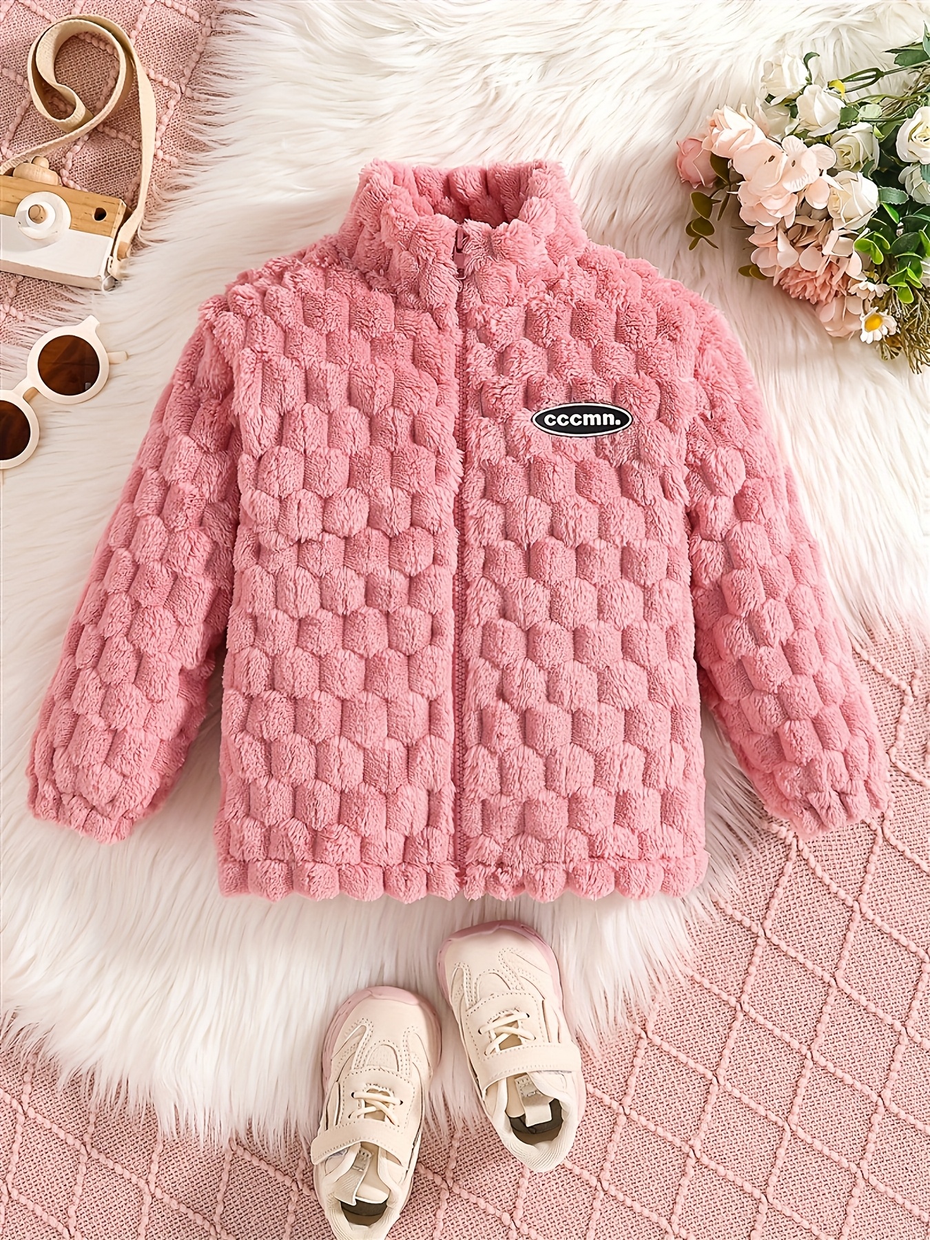Girls' Simple Versatile Winter Jacket Girls' Knitted Letter Print Plush  High Neck Coat Girls' Casual Outdoor Warm Soft Clothing Girls' Fashionable  Ele