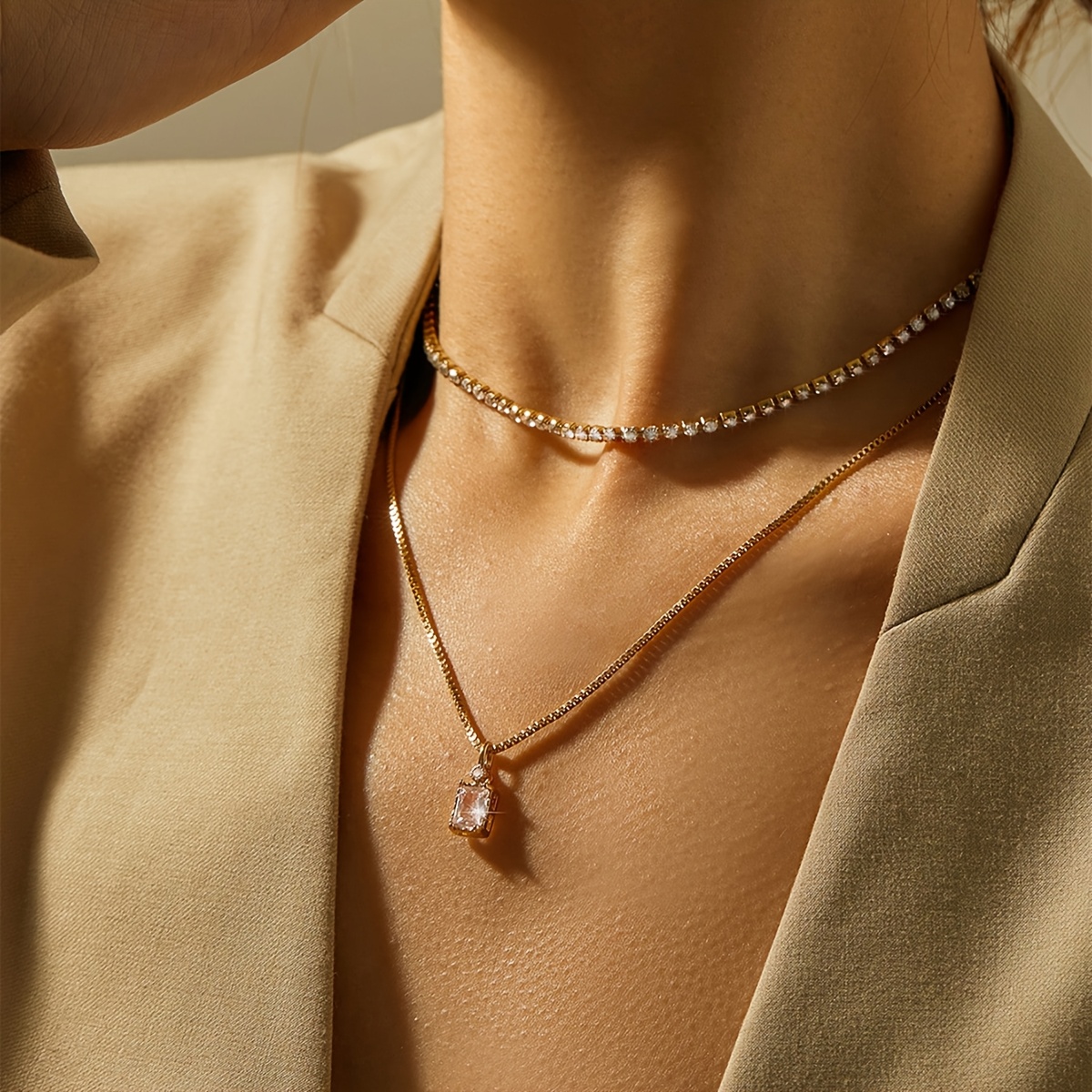 French-Style Double-Layer Square Pendant Necklace for Women