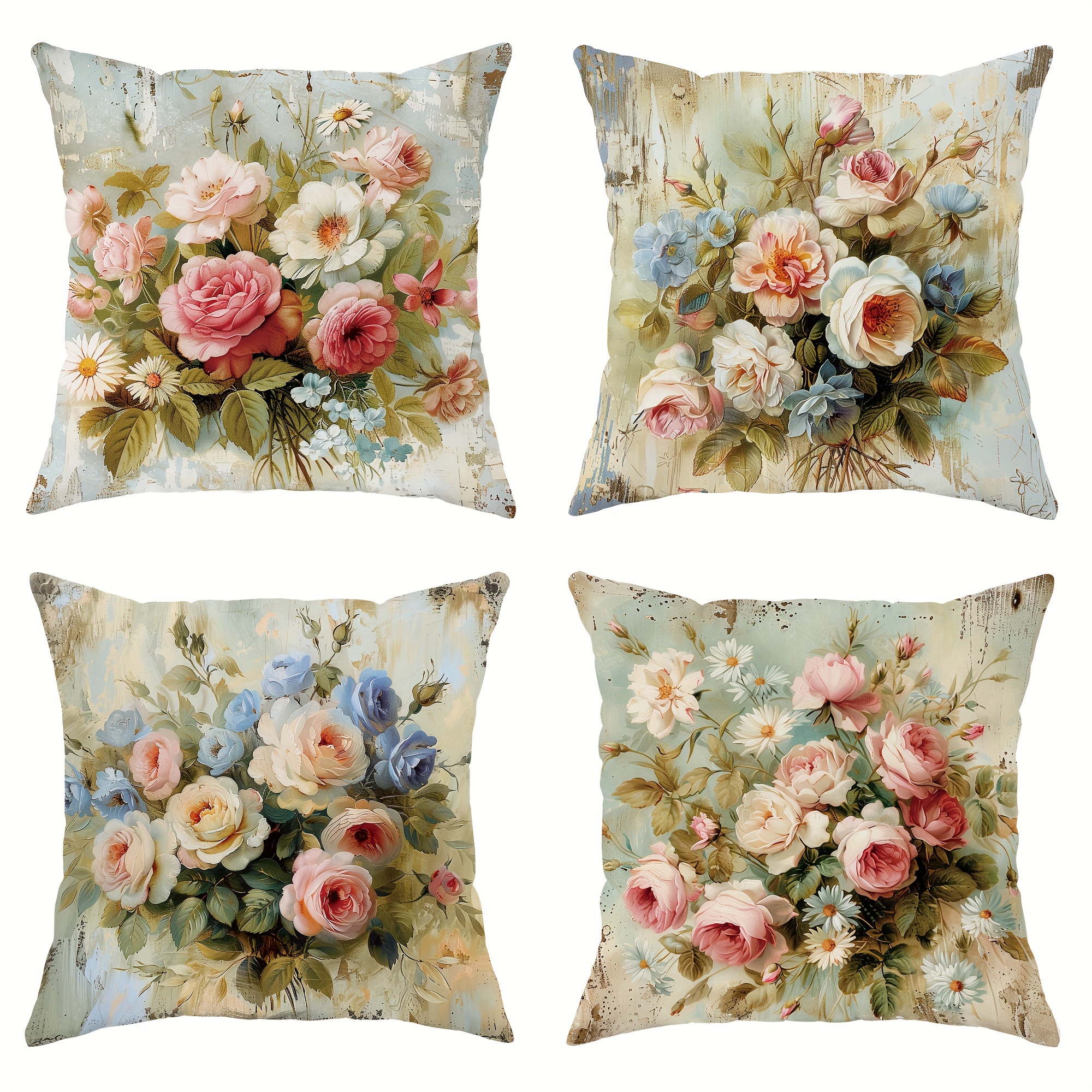 

4-piece Set Vintage Botanical Floral Throw Pillow Covers, 18x18 Inches - Soft Velvet, Pink & Green, Zip Closure For Living Room & Bedroom Decor Decorative Pillows Pillows Decorative