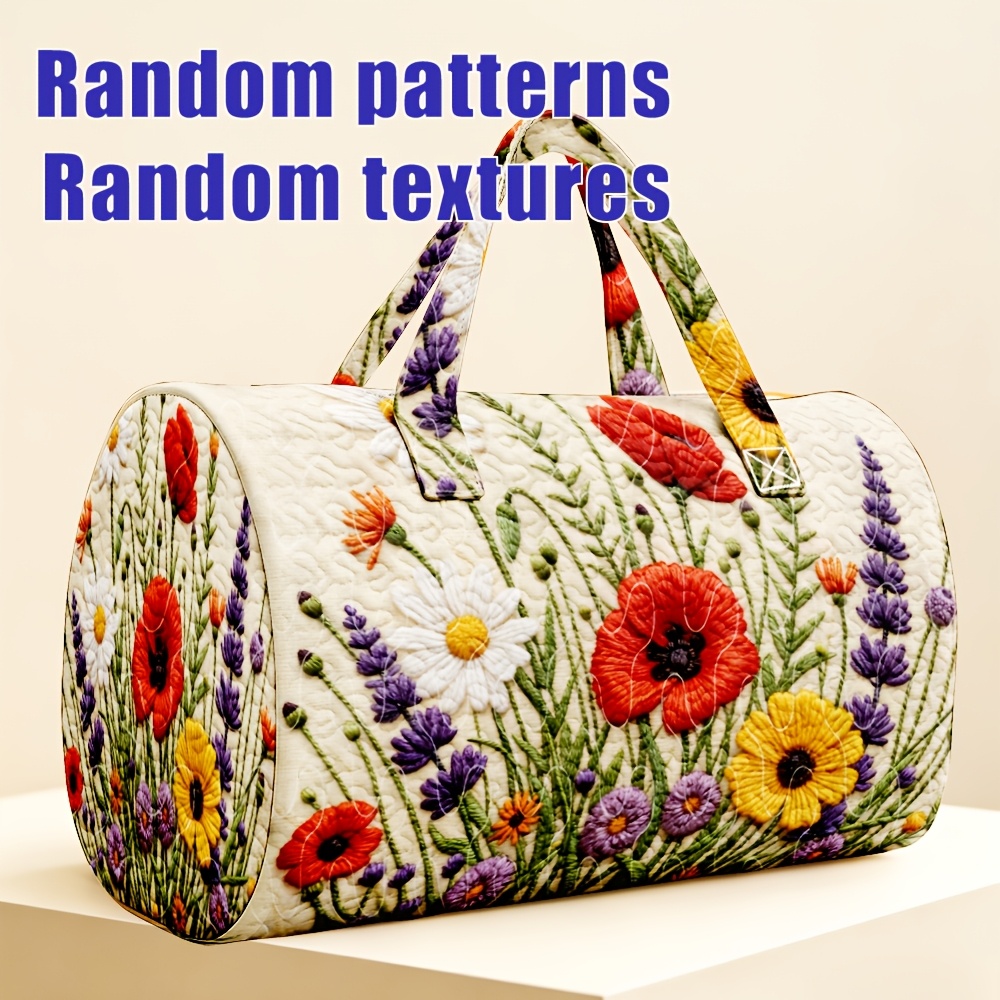 TEMU 1pc Rhoeas Lavender Pattern Quilted Boston Handbag, Romantic Plant Style, Suitable For Love Garden Flowers, Large Capacity For Overnight Short