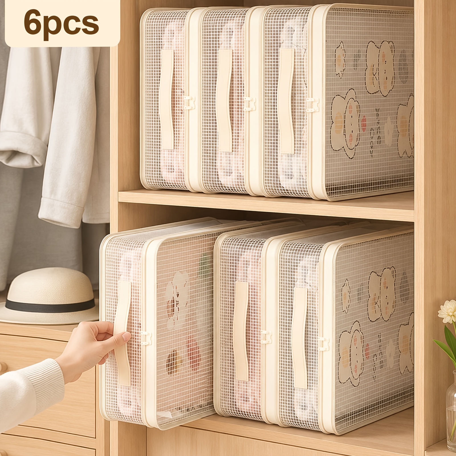 Image of 6pcs Clothes Storage Boxes, Foldable Clear Mesh Storage Organizer With Handle, Dust Proof Clothing Bins For Wardrobe Closet, Bedroom, Dorm, Home Sundries Organizer, Under-bed Storage