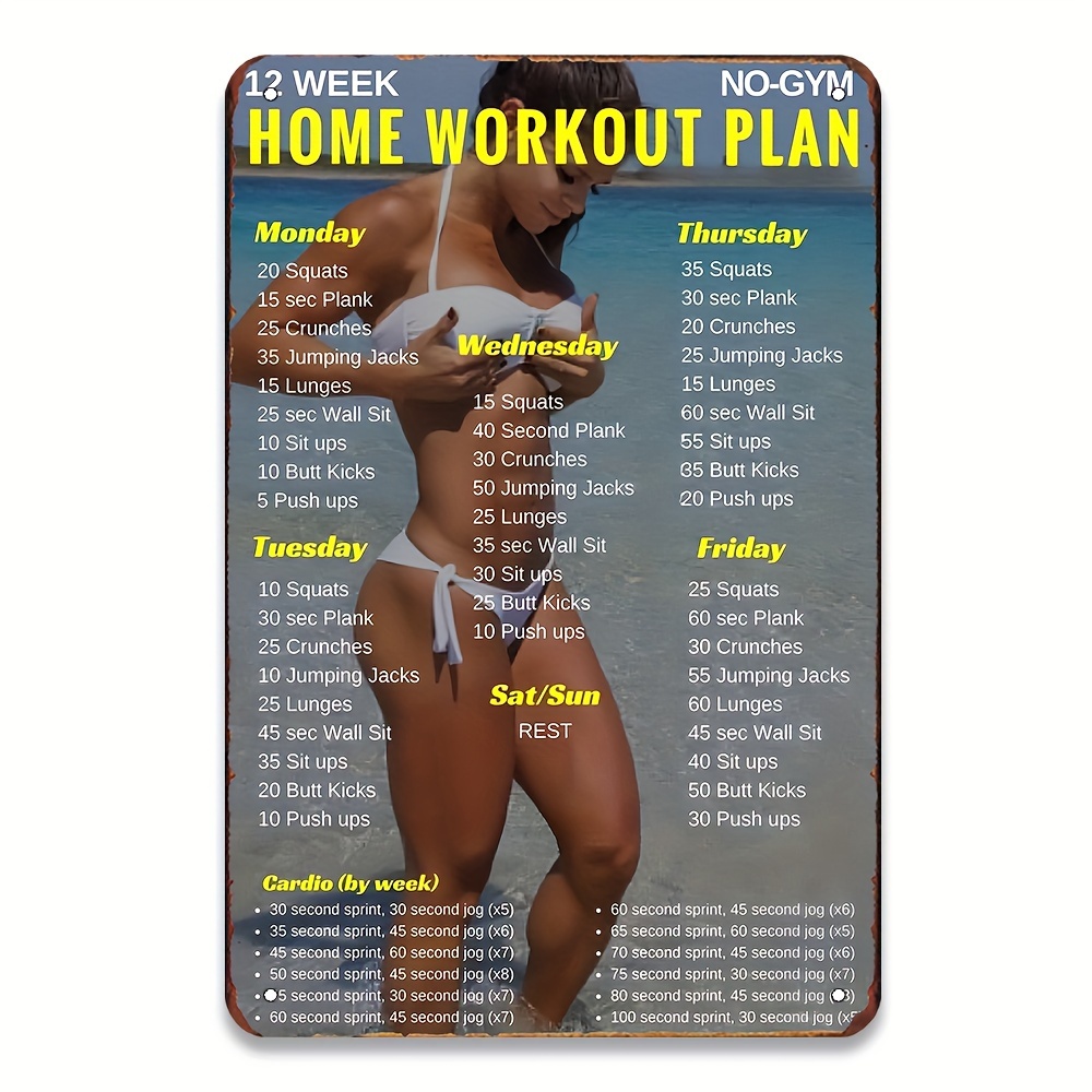 

Vintage Fitness Metal Tin Sign - 12 Week Home Workout Plan Poster, Gym, Bar, Living Room Decor - Wall Art, Ideal Gift For Holidays