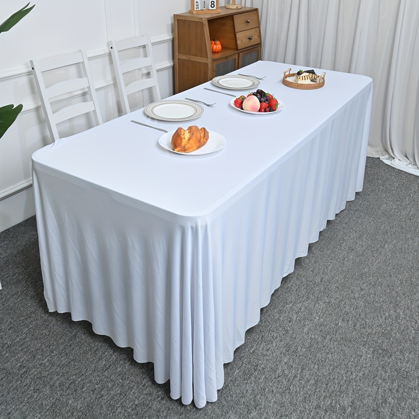TEMU Manteleta elástica de espandex faldas - Ajuste elástico, diseño de espalda , cubierta de mesa rectangular para mesas de 6 pies a 8 pies, para fiestas, y decoración de comedor.