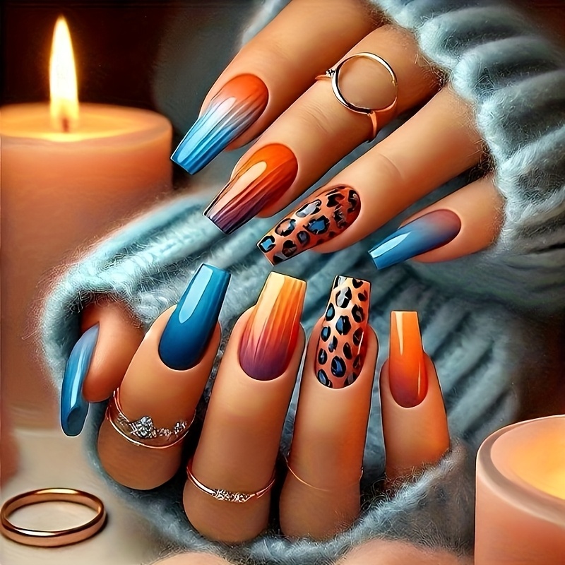 TEMU Style, 24pcs Of Chinese Ballet Fake Nails, Orange And Blue Gradient Stitching Pattern Wearing Armor Design, Patch Detachable Fake Nails