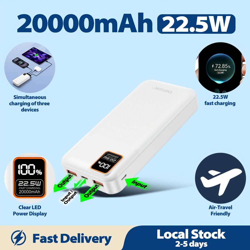 TEMU Enegon 20000mah High-capacity Power Bank With 22.5w Pd Fast Charging, Usb-c/usb-a/micro , Led Digital Display - Compatible With Iphone 15,