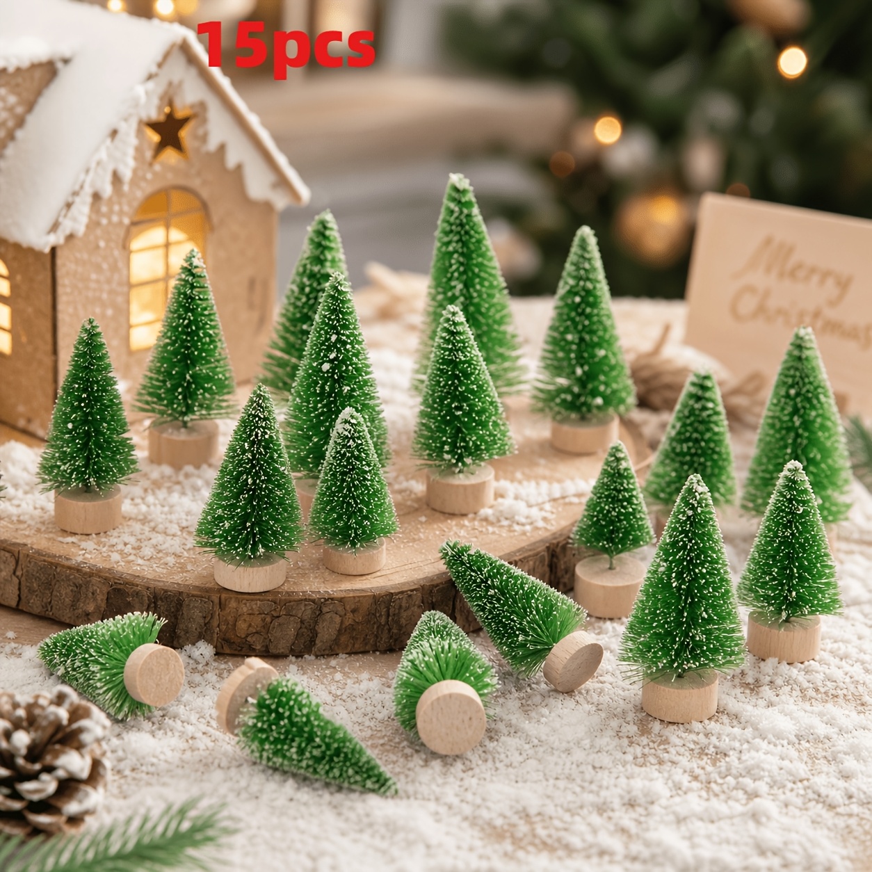 TEMU 15pcs Mini Artificial Sisal Snow Bottle Brush Trees With Wooden Base, Christmas Tabletop Ornaments, Household Holiday Party Desktop Decorations