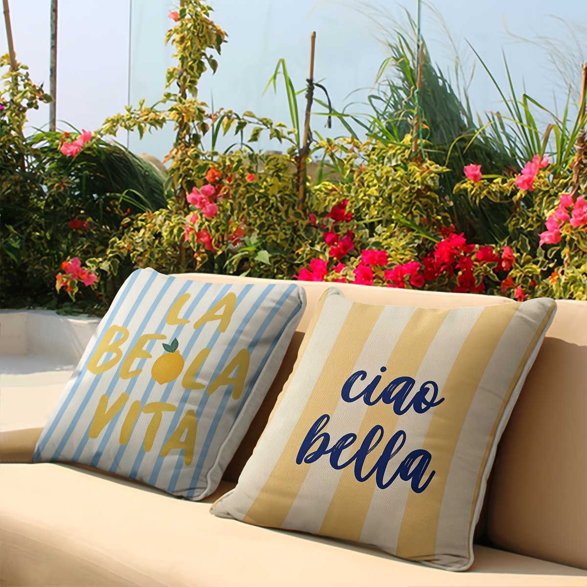 E-shop 2er-Set 2D-bedruckte Kissenbezüge im italienischen Stil, Zitronenstreifen mit italienischem Text „ VITA“ „ BELLA“, Reißverschluss,