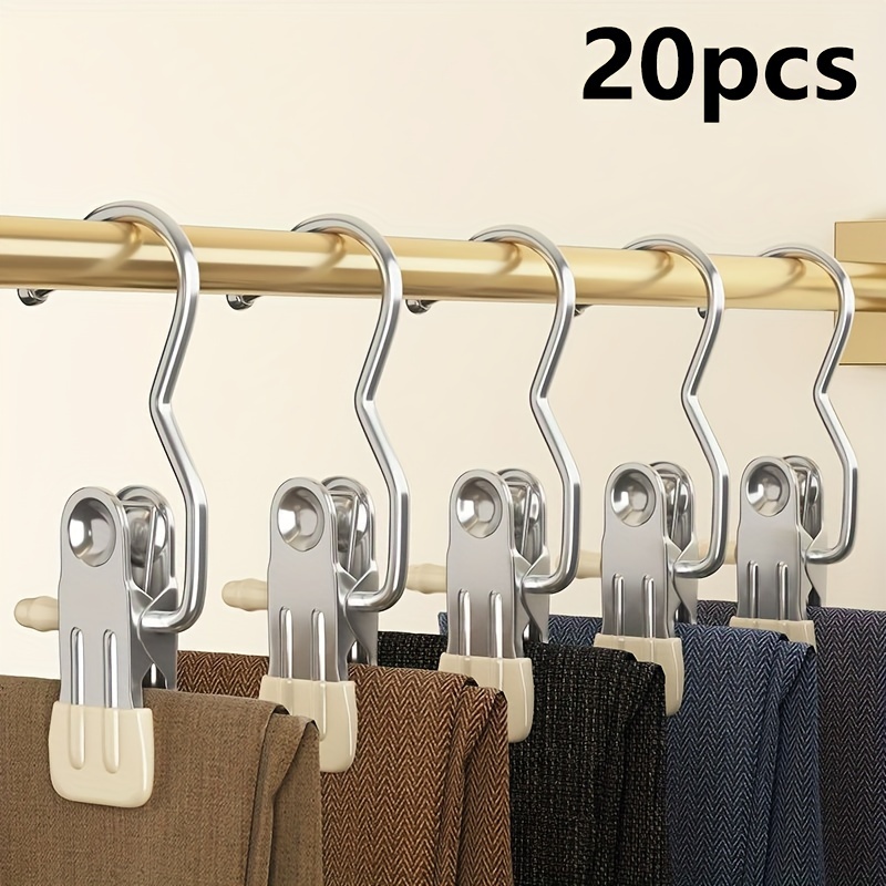 

20pcs Stainless Steel Pants Hangers With Clips, Non-slip Trouser Clips For Organization, Multipurpose Clothesline Hooks With Clips For Home