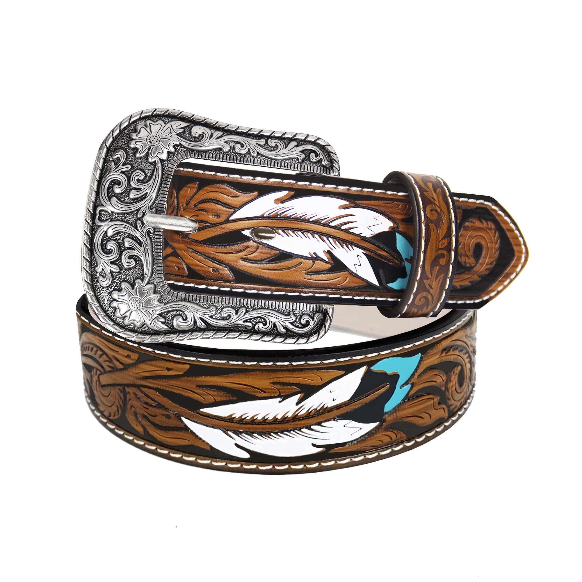 

Western Belts - Rustic Brown Leather With Turquoise Feather & Floral Embossing, Alloy - Ideal For Jeans, Dresses & Country Outfits - Adjustable 7-hole Design, Perfect Gift