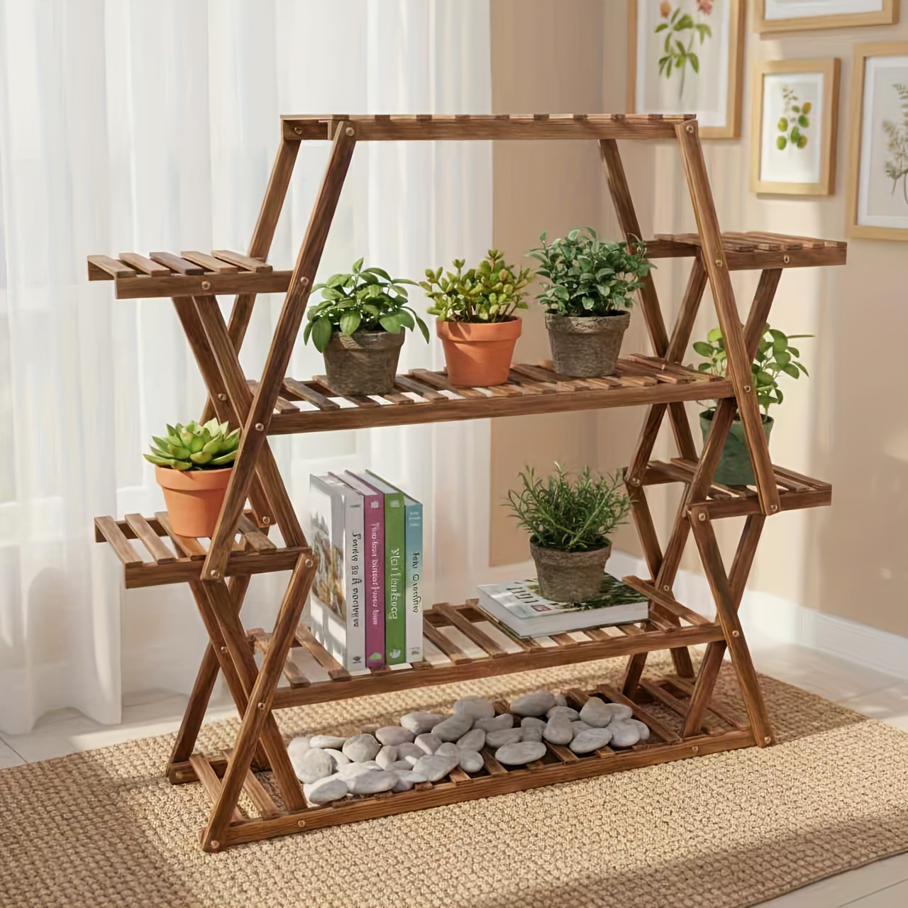 Elevated Plant Shelf On Wheels, 8 Levels For 20-25 Potted Wooden Flowers, Suitable For Indoor And Outdoor Use, Ideal For Patios, Gardens, Corners, And Living Rooms