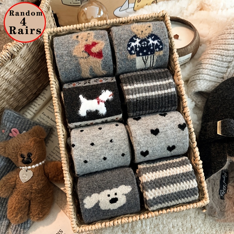 TEMU Random4pairs Autumn/winter Cute Cartoon Flocked Versatile Vintage Warm Thickened Bear Mid-calf Socks