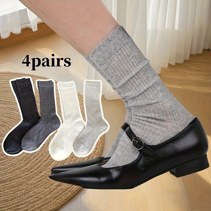 E-shop 4 Paar Damen Freizeitsocken, Wadenlange Socken im Preppy-Stil, Dünne lange Socken für Frühling und Sommer, Bequem und Atmungsaktiv, Sportsocken,
